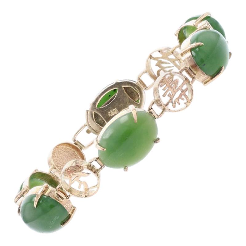 Nephrite Jade Link Bracelet, 14k Gold Chinese Characters Luck of Good Fortune
