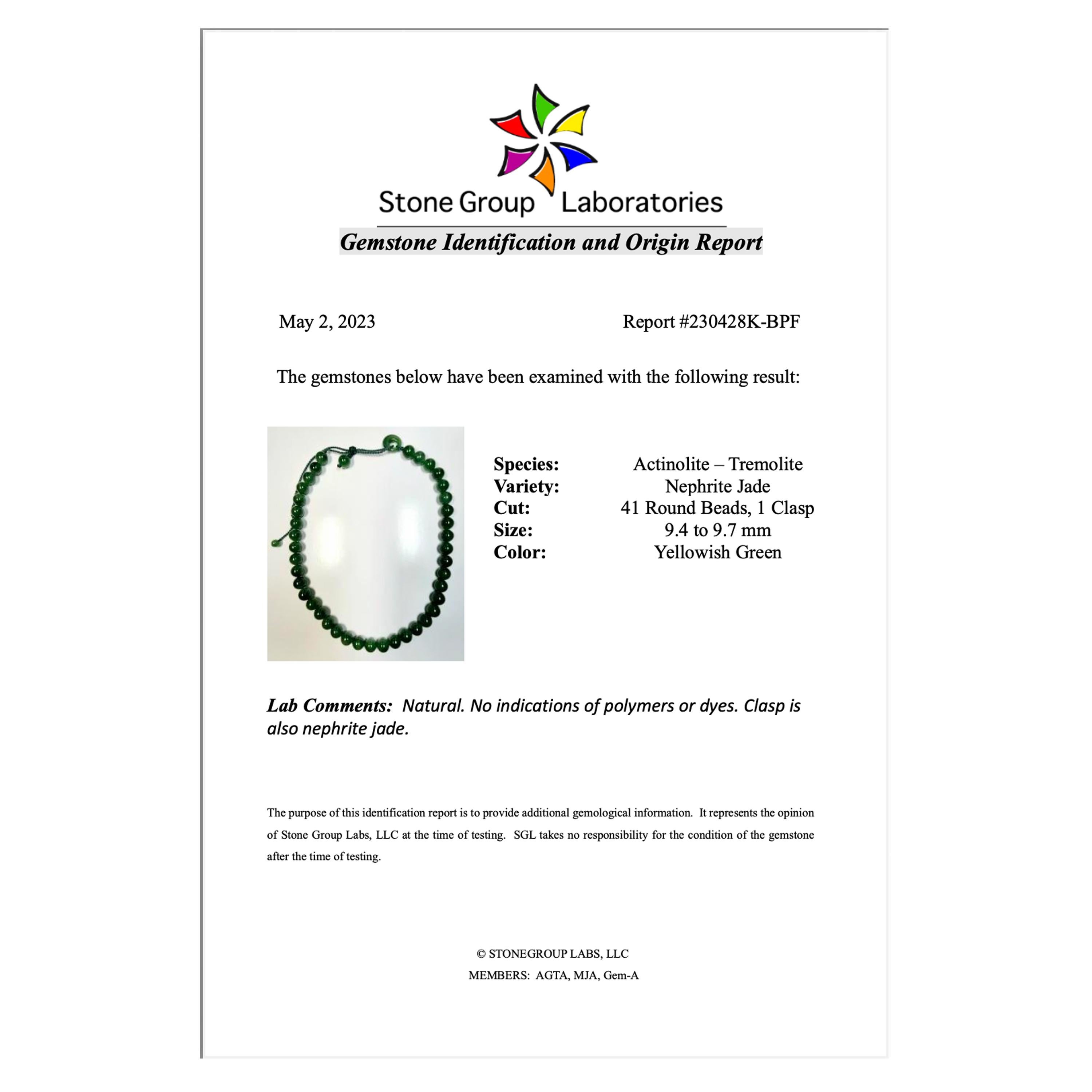 Women's or Men's Nephrite Jade Necklace Hand Crafted Certified Untreated For Sale