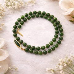 Art Deco 14K Gold and Siberian Nephrite Jade Beaded Necklace, 19.5"