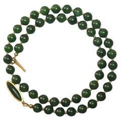 Art Deco 14K Gold and Siberian Nephrite Jade Beaded Necklace, 19.5"