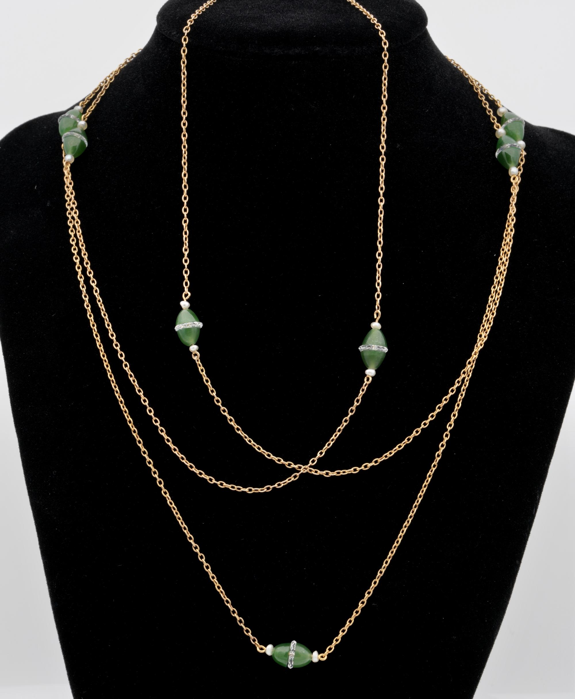 Edwardian Nephrite Jade Rock Crystal Pearl 18 KT Rare Long Suitor Chain For Sale