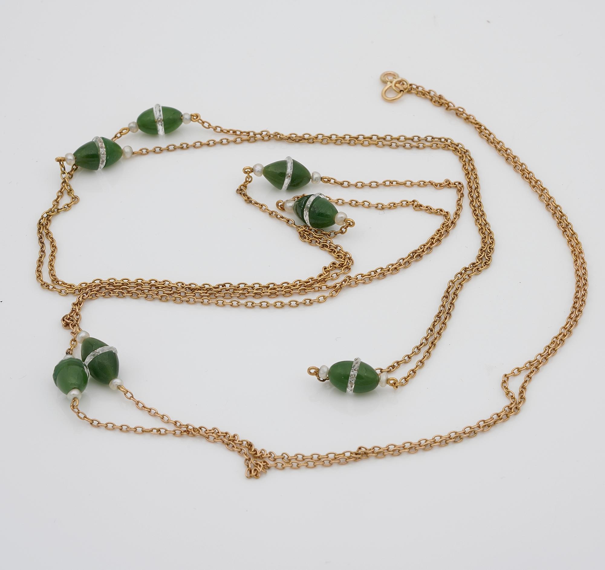 Bead Nephrite Jade Rock Crystal Pearl 18 KT Rare Long Suitor Chain For Sale