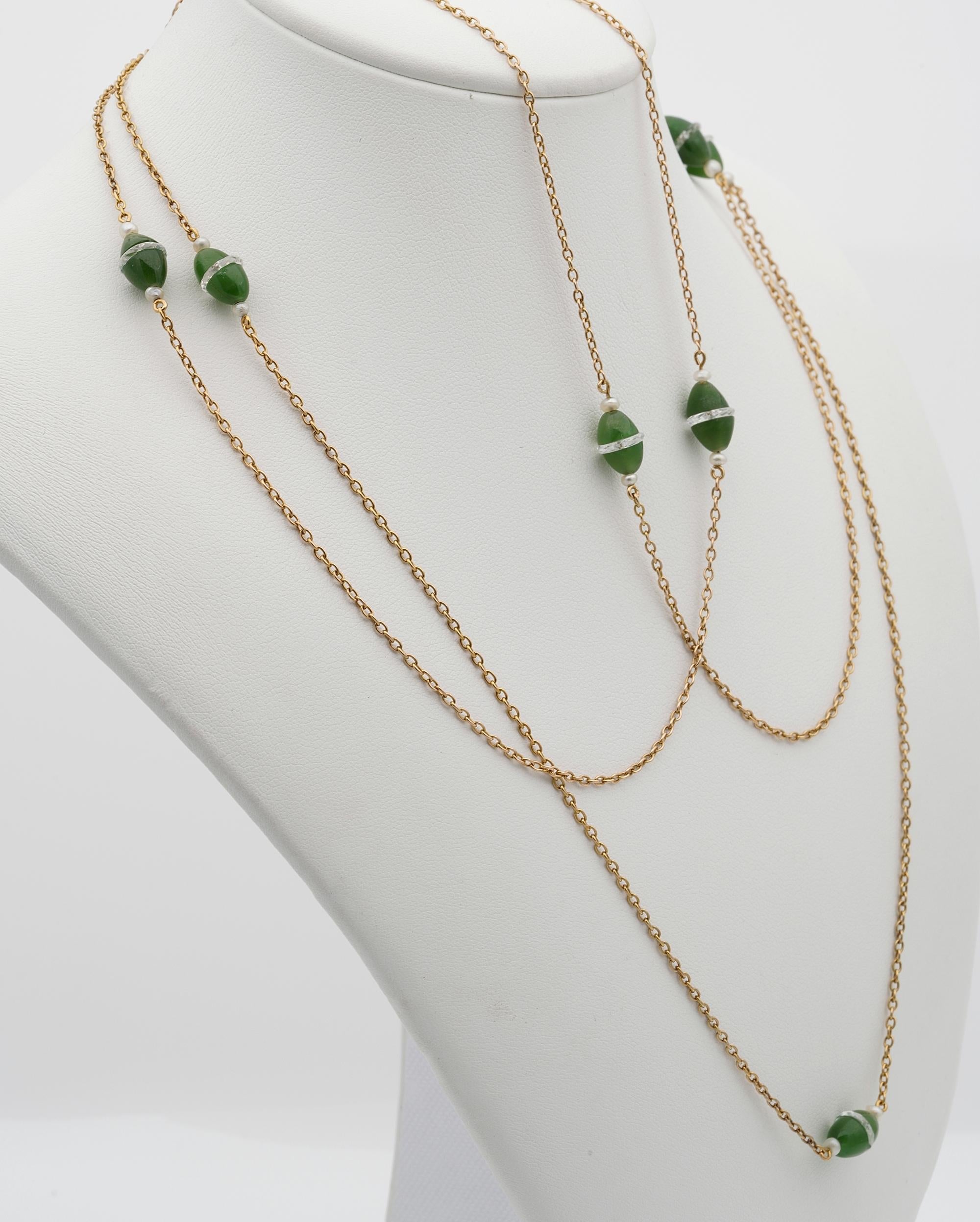 Nephrit-Jade-Bergkristall-Perle 18 KT Seltene lange Halskette Damen im Angebot
