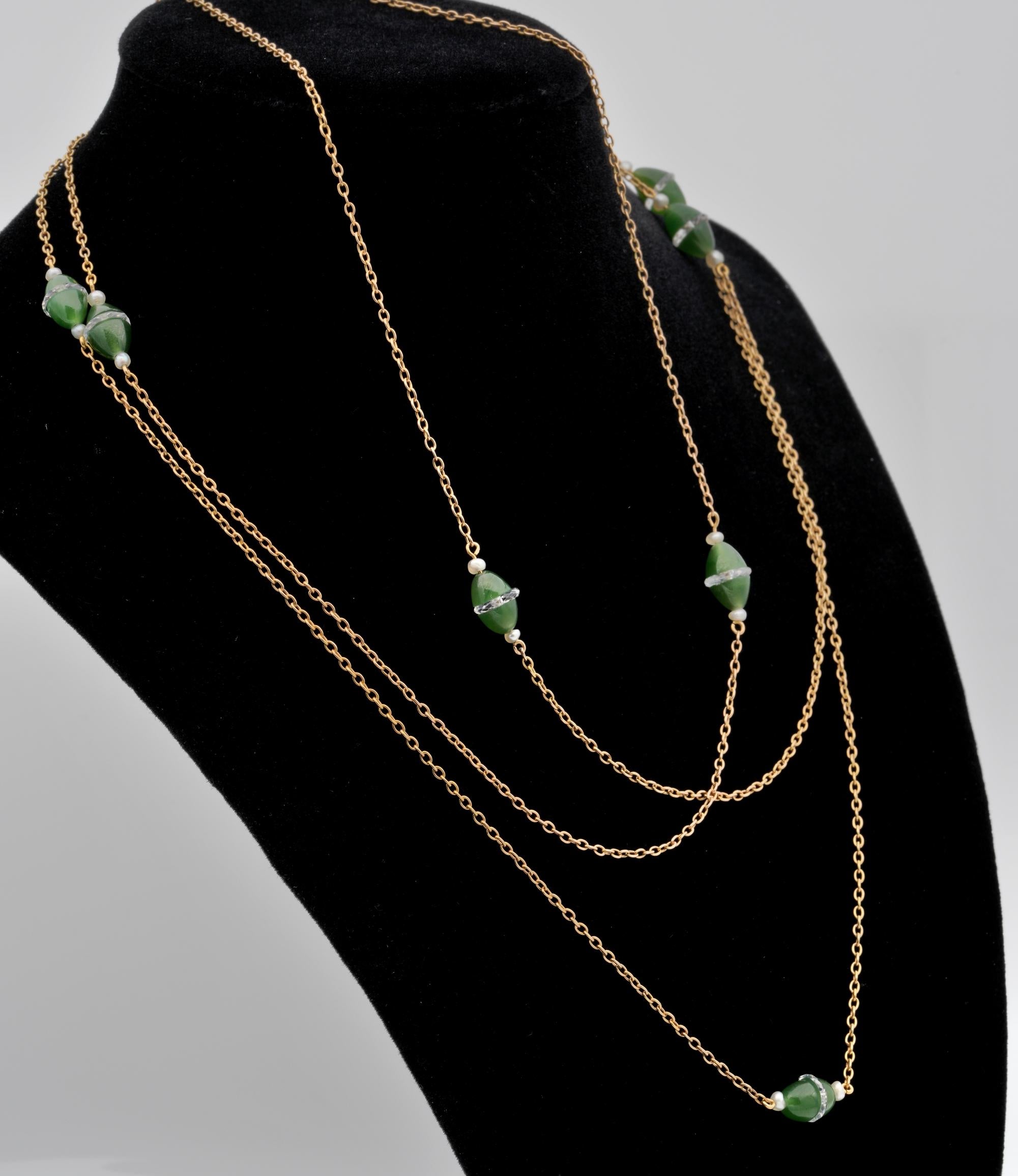 Women's Nephrite Jade Rock Crystal Pearl 18 KT Rare Long Suitor Chain For Sale