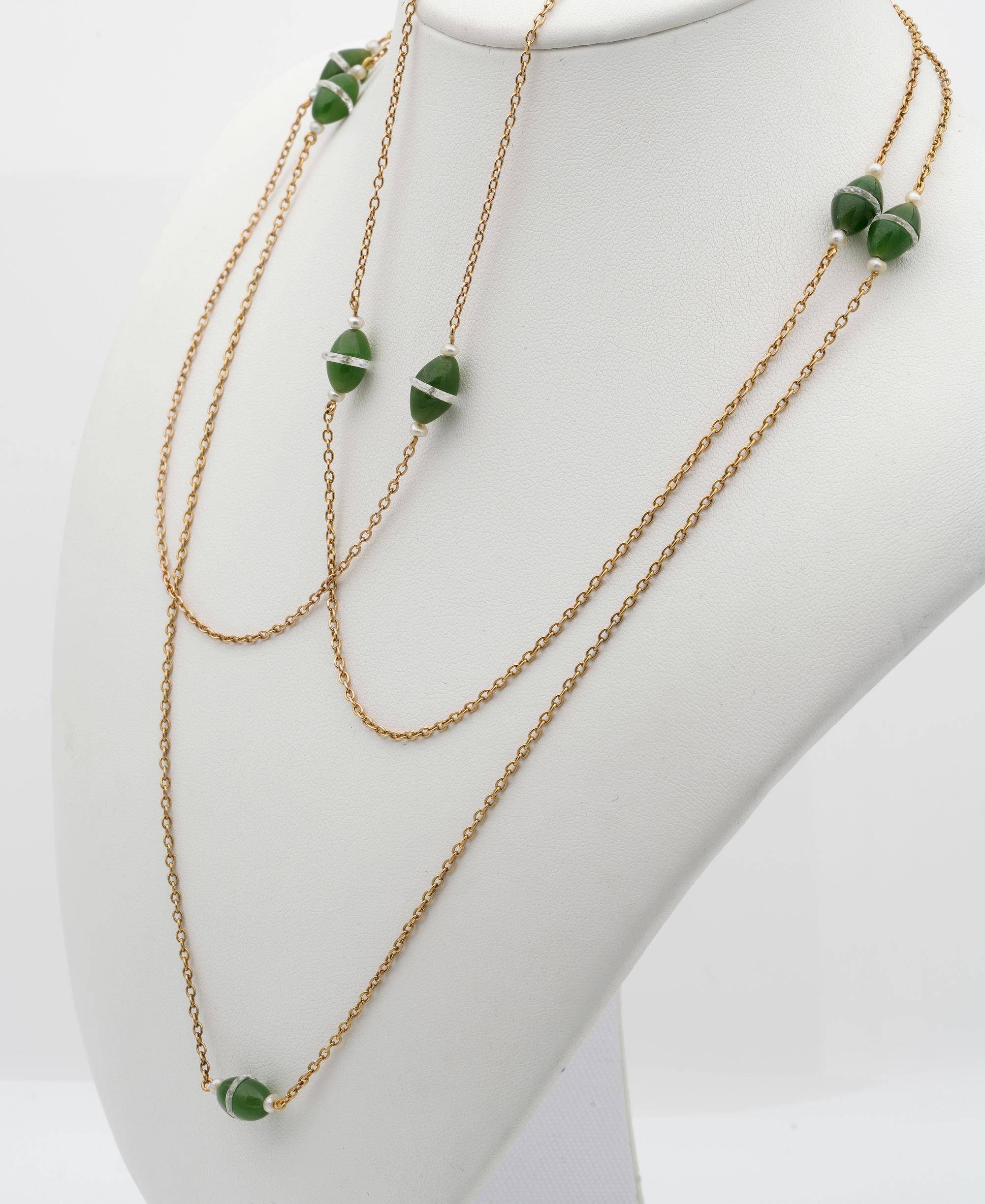 Nephrit-Jade-Bergkristall-Perle 18 KT Seltene lange Halskette im Angebot 2