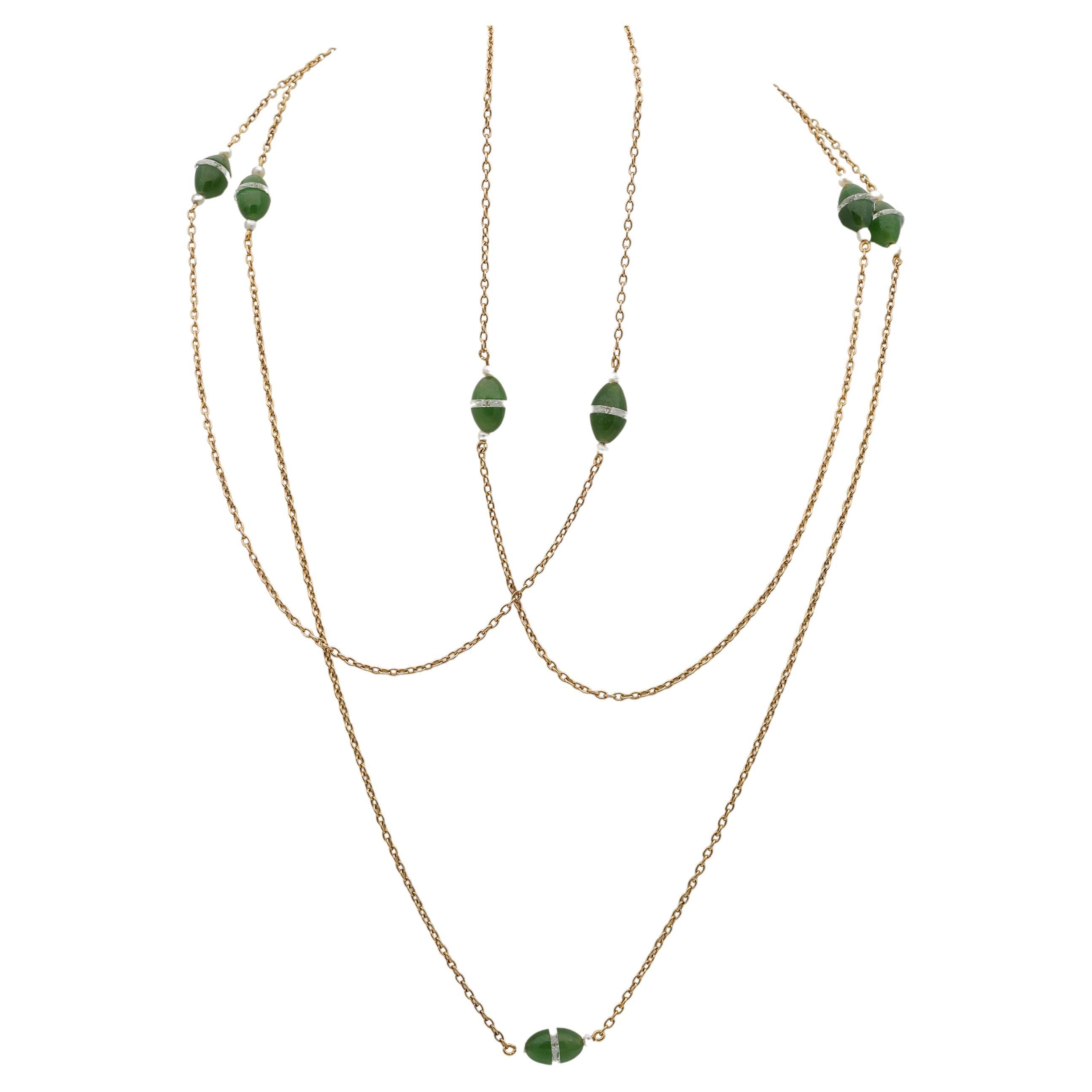 Nephrit-Jade-Bergkristall-Perle 18 KT Seltene lange Halskette im Angebot