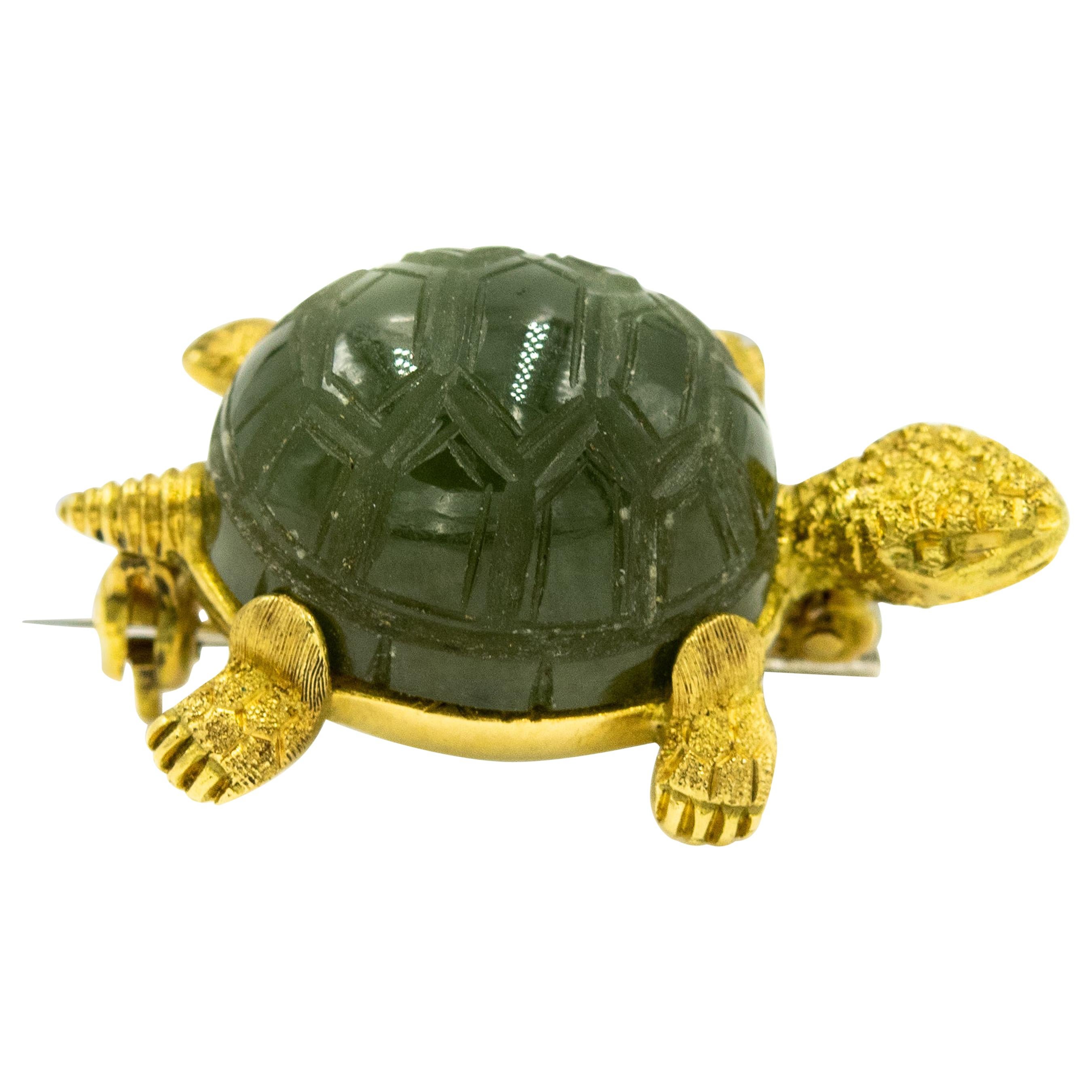 Nephrite Jade Textured Turtle Yellow Gold Brooch Pin For Sale