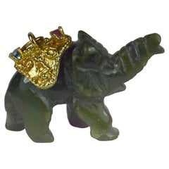 Vintage Nephrite Jade Yellow Gold Sapphire Ruby Elephant Charm