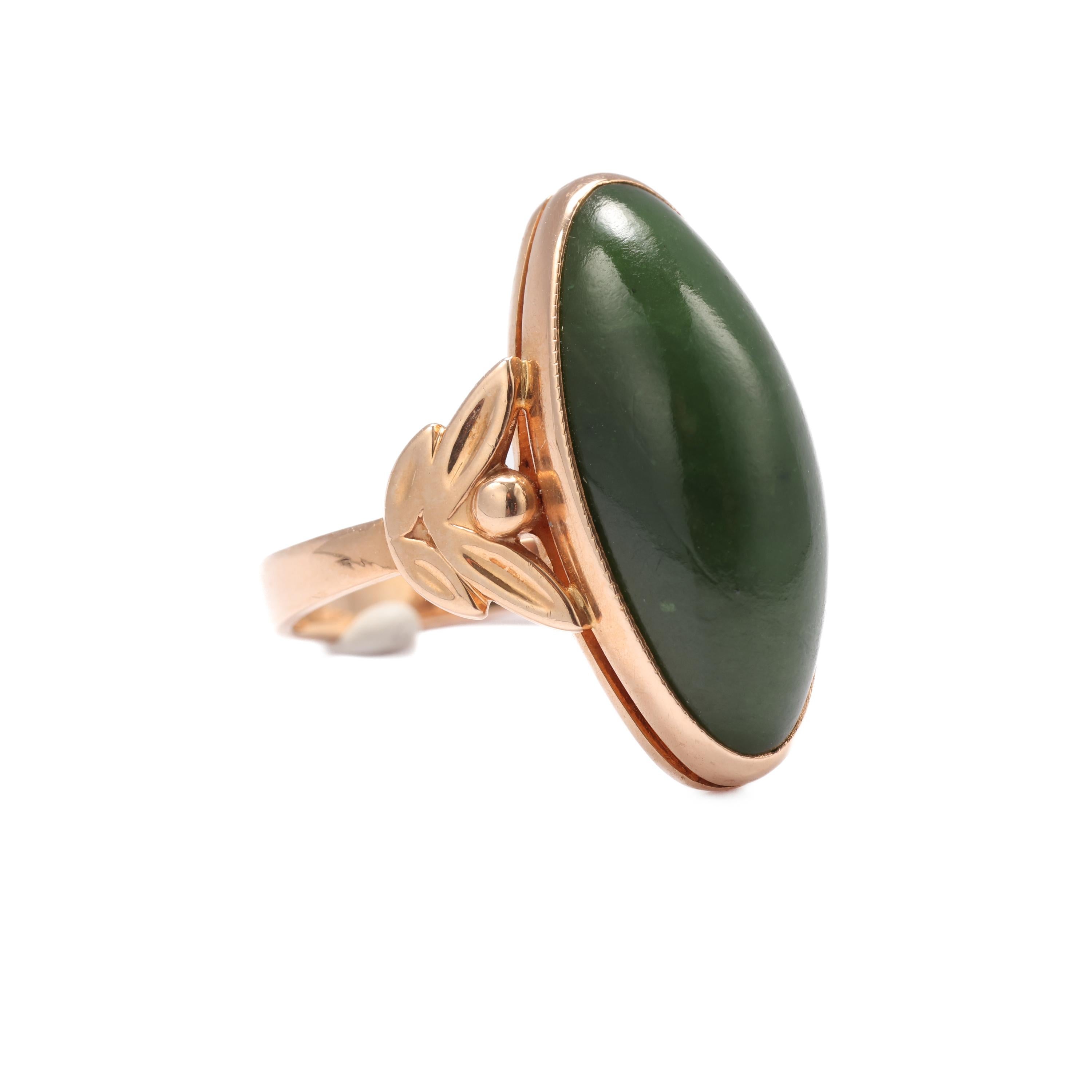 Cabochon Nephrite Ring in Rose Gold Art Nouveau Style