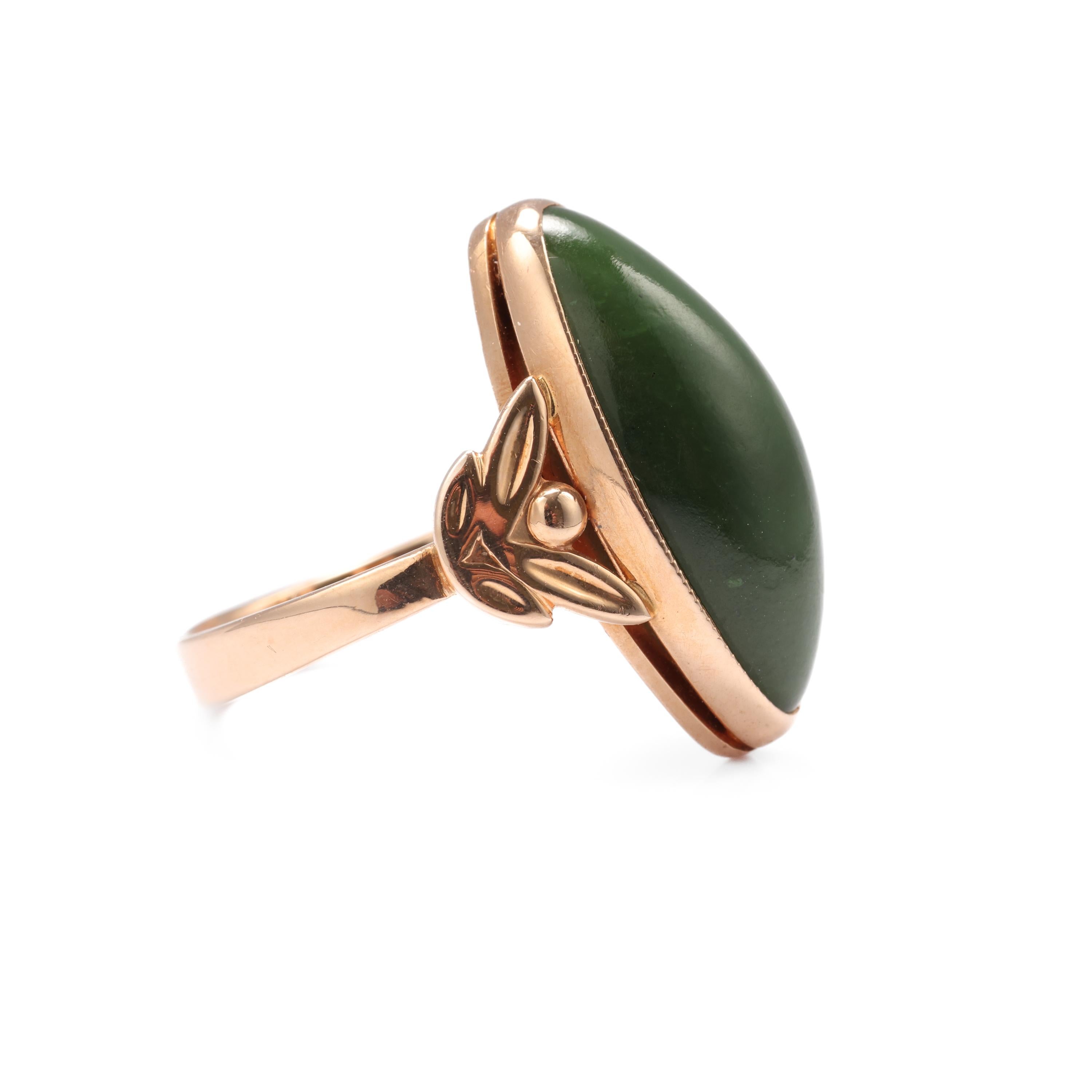 Nephrite Ring in Rose Gold Art Nouveau Style In Excellent Condition In Southbury, CT