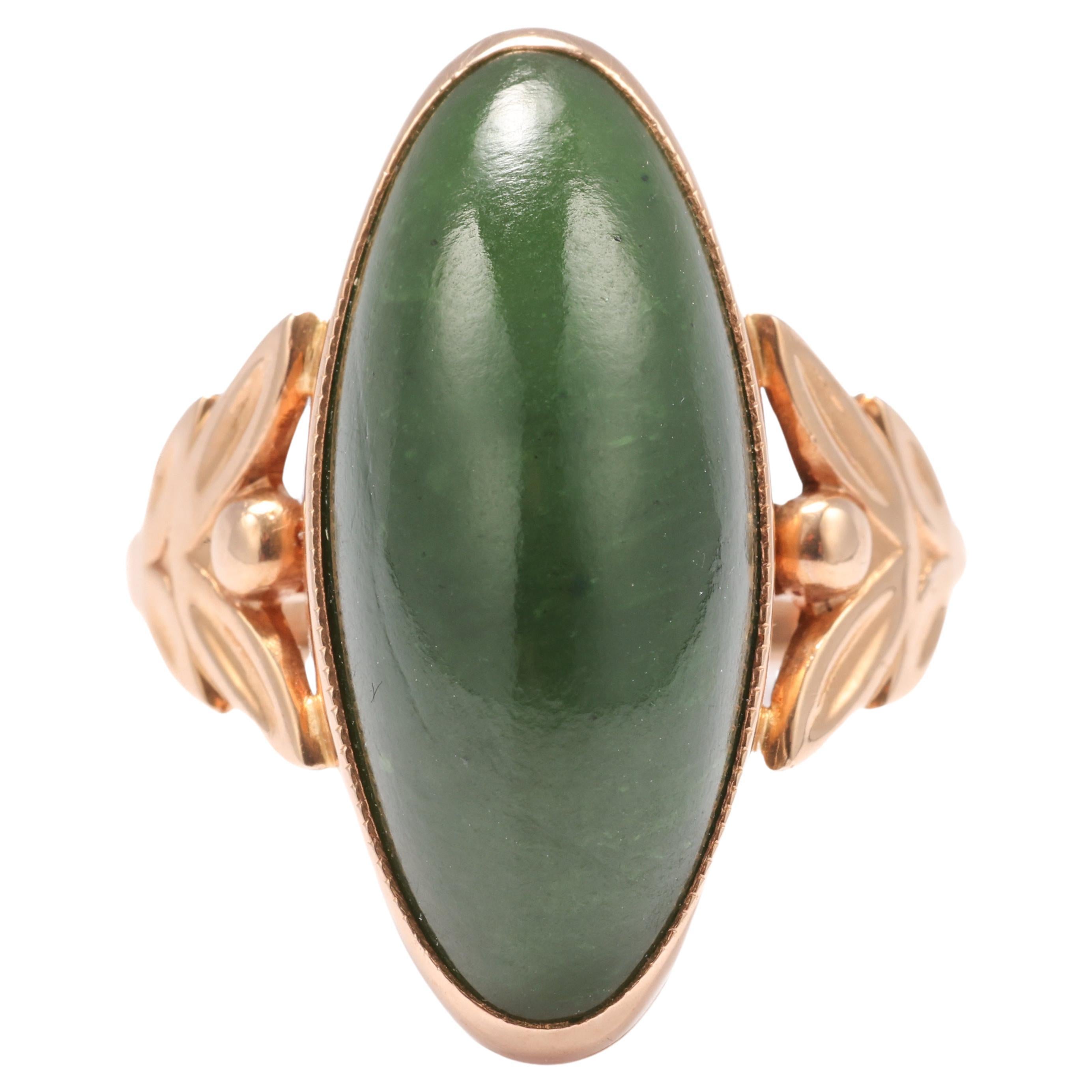 Nephrite Ring in Rose Gold Art Nouveau Style