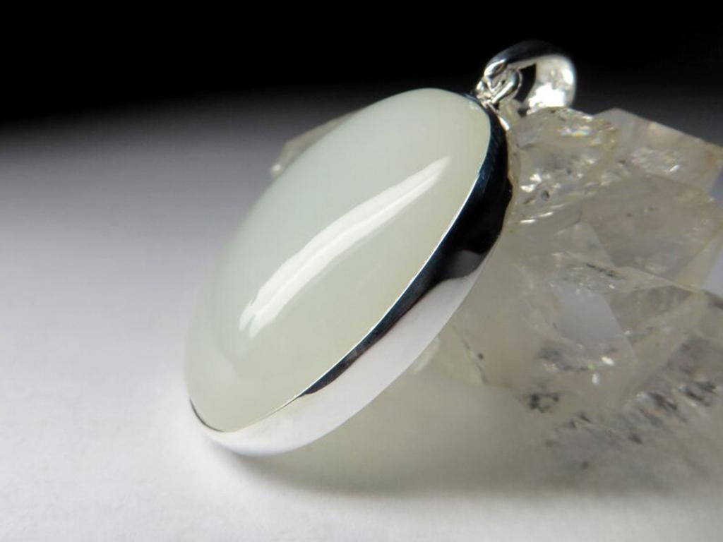 Nephrite Silver Pendant Jade Natural White Opaque Healing Oval Cabochon Gemstone For Sale 3