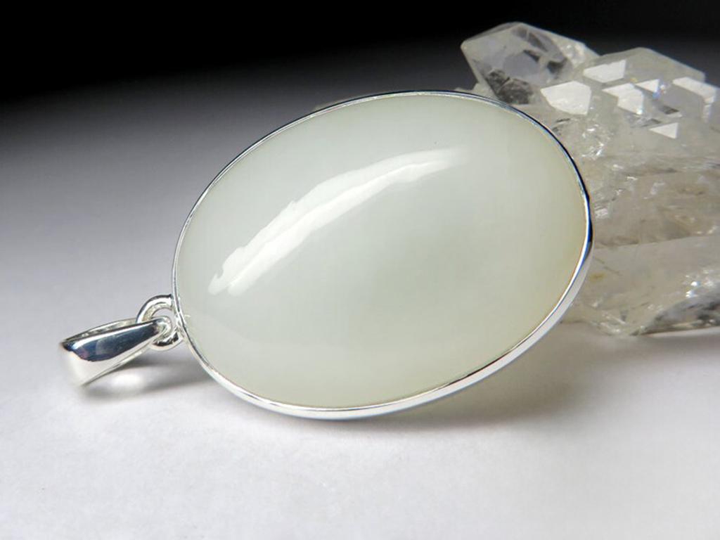 Artist Nephrite Silver Pendant Jade Natural White Opaque Healing Oval Cabochon Gemstone For Sale