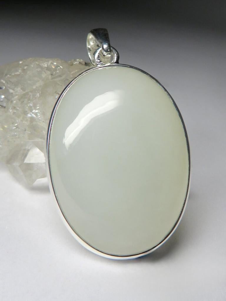 Women's or Men's Nephrite Silver Pendant Jade Natural White Opaque Healing Oval Cabochon Gemstone For Sale