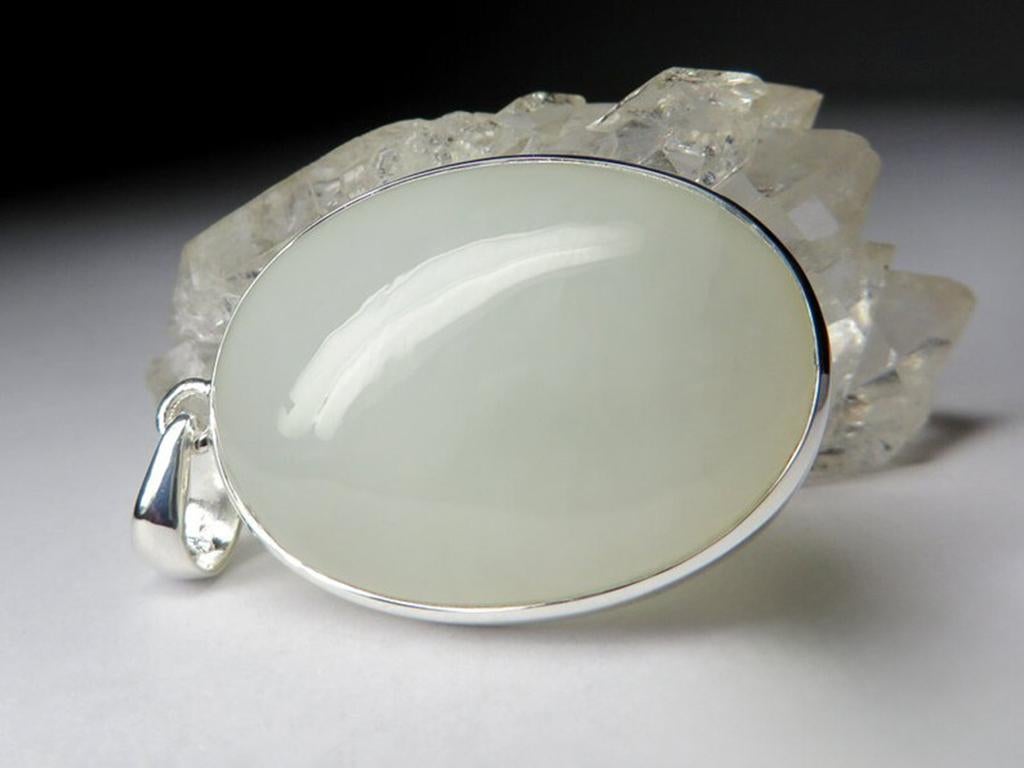 Women's or Men's Nephrite Silver Pendant Jade Natural White Opaque Healing Oval Cabochon Gemstone For Sale
