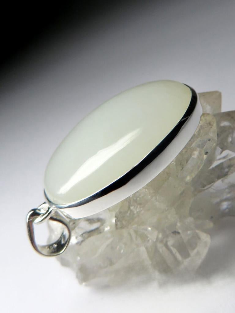 Nephrite Silver Pendant Jade Natural White Opaque Healing Oval Cabochon Gemstone For Sale 1