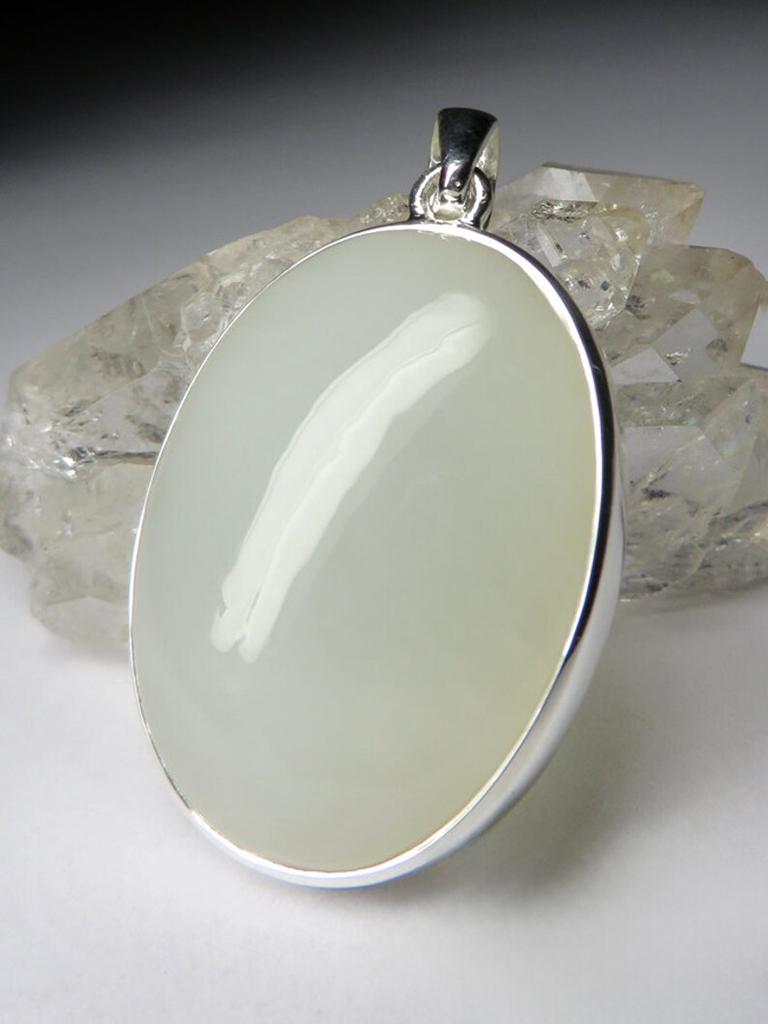 Nephrite Silver Pendant Jade Natural White Opaque Healing Oval Cabochon Gemstone For Sale 2