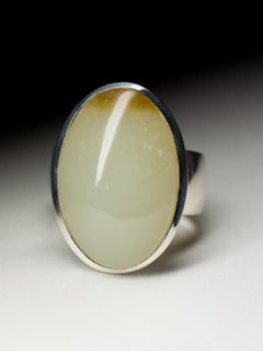 Nephrite Silver Ring Jade Natural White Brown Gemstone Unisex Chunky Jewelry
