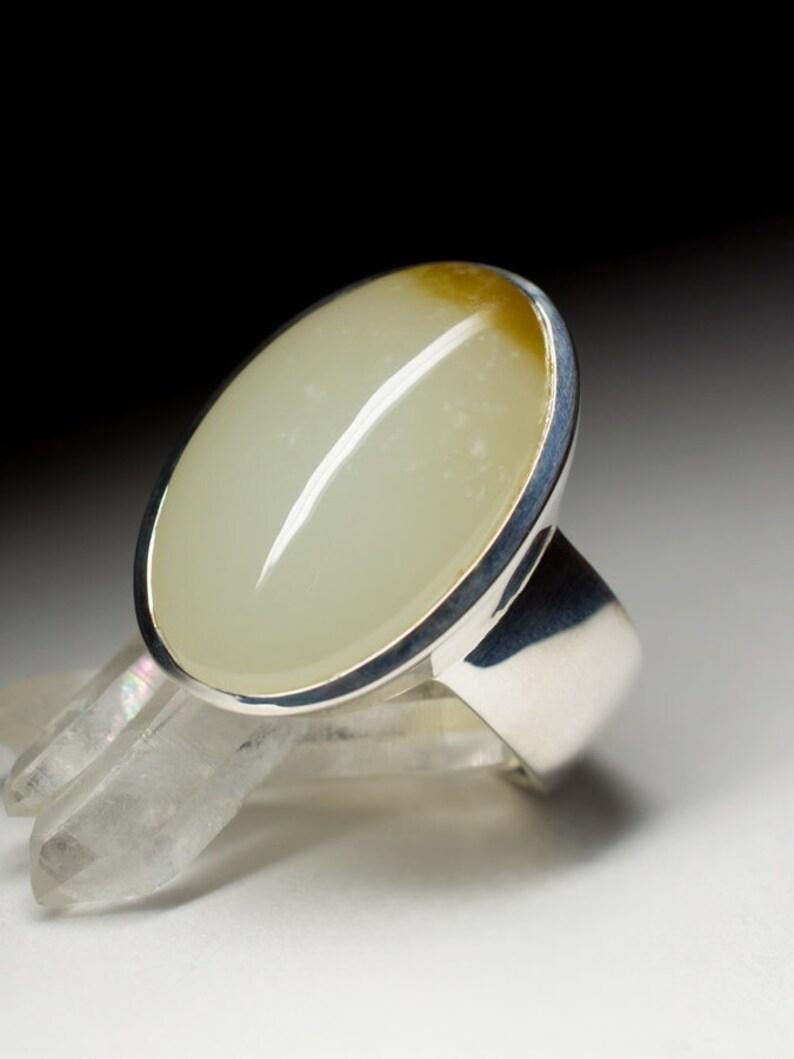 Artist Nephrite Silver Ring Jade Natural White Brown Gemstone Unisex Chunky Jewelry For Sale