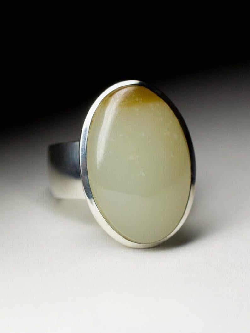 Cabochon Nephrite Silver Ring Jade Natural White Brown Gemstone Unisex Chunky Jewelry For Sale