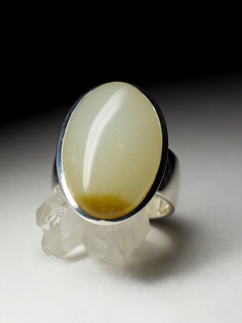 Nephrite Silver Ring Jade Natural White Brown Gemstone Unisex Chunky Jewelry For Sale 2
