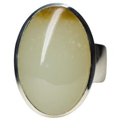 Nephrite Silver Ring Jade Natural White Brown Gemstone Unisex Chunky Jewelry