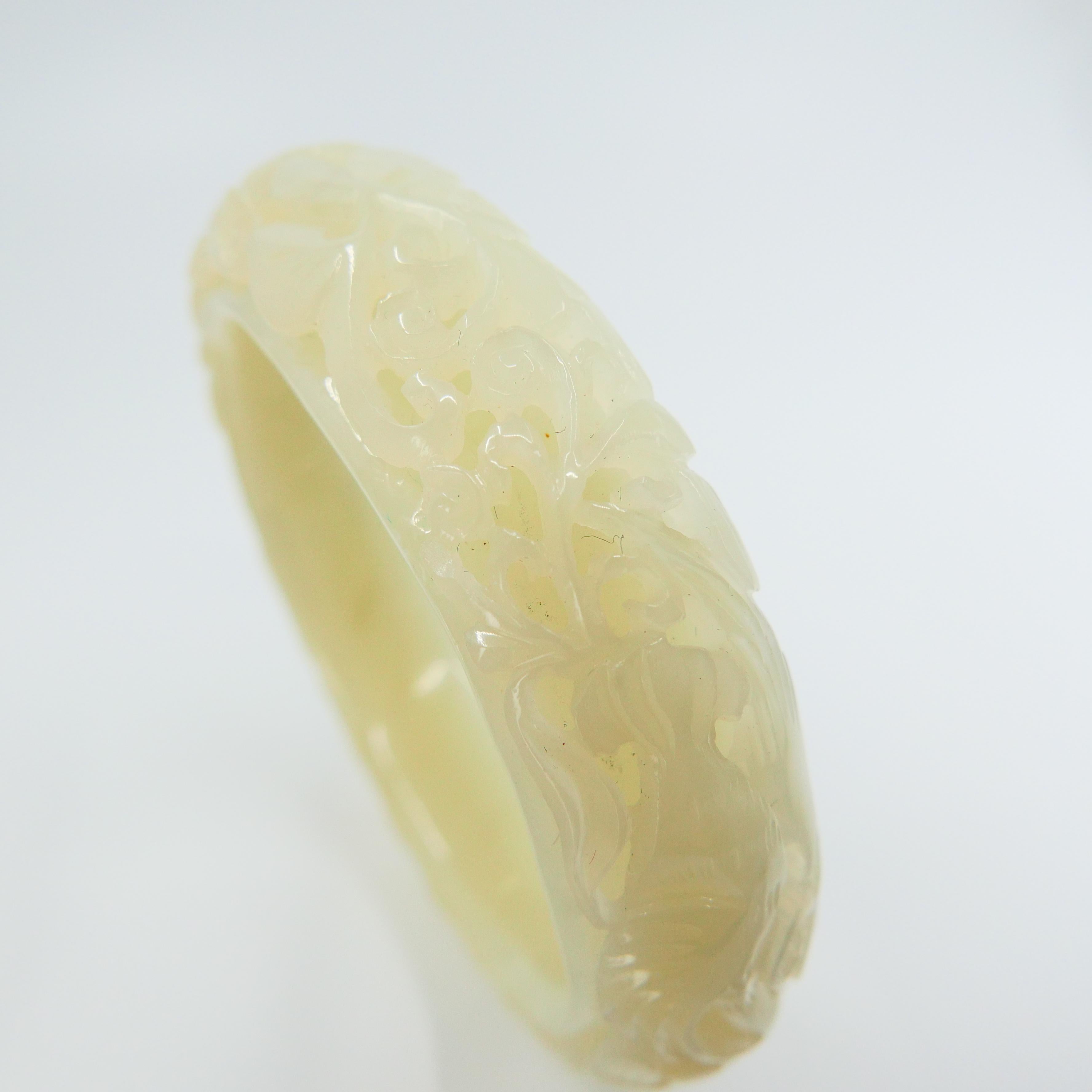 Nephrite White Jade Bangle, Hollowed Carving, Flower and Phoenix Motif For Sale 1