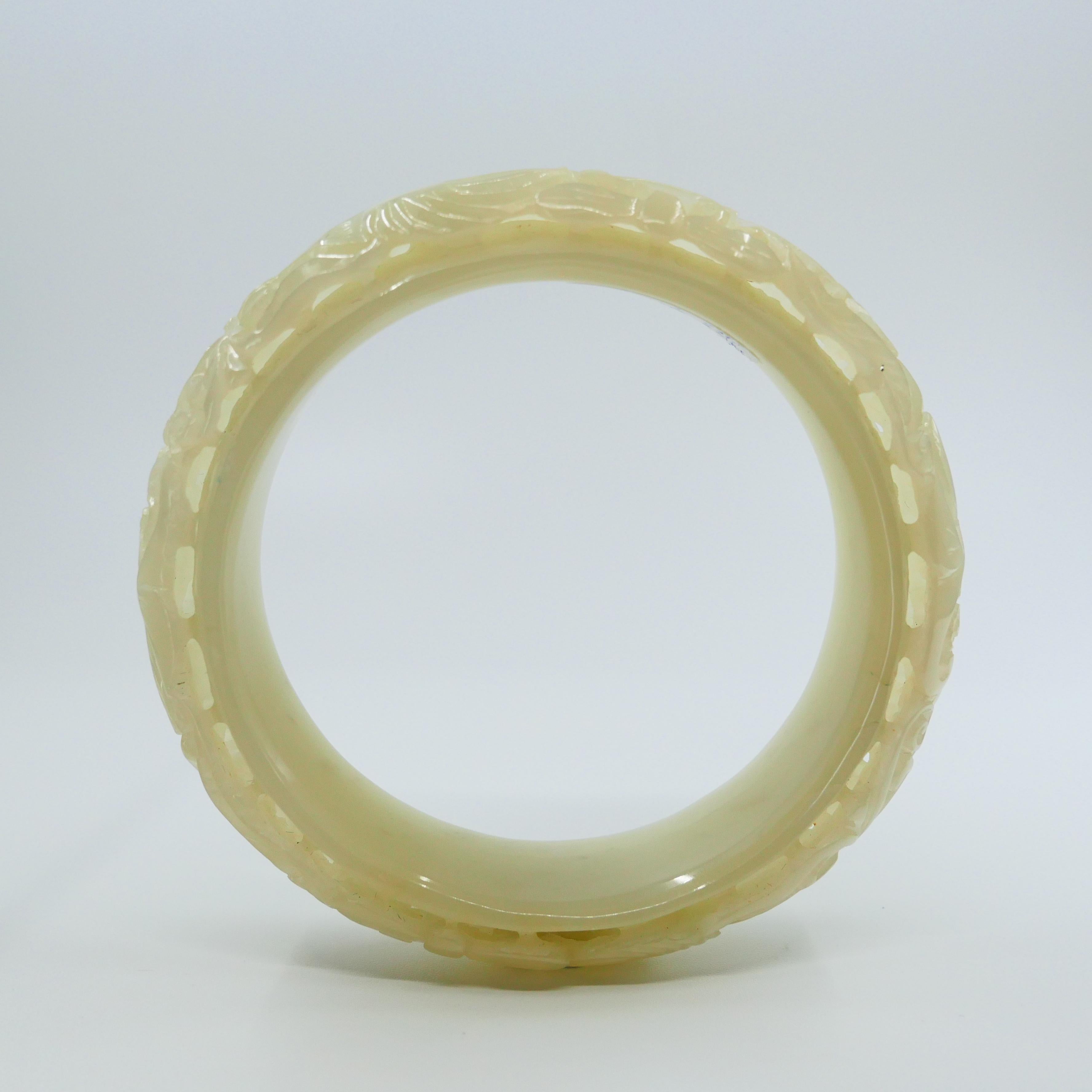 Nephrite White Jade Bangle, Hollowed Carving, Flower and Phoenix Motif For Sale 3