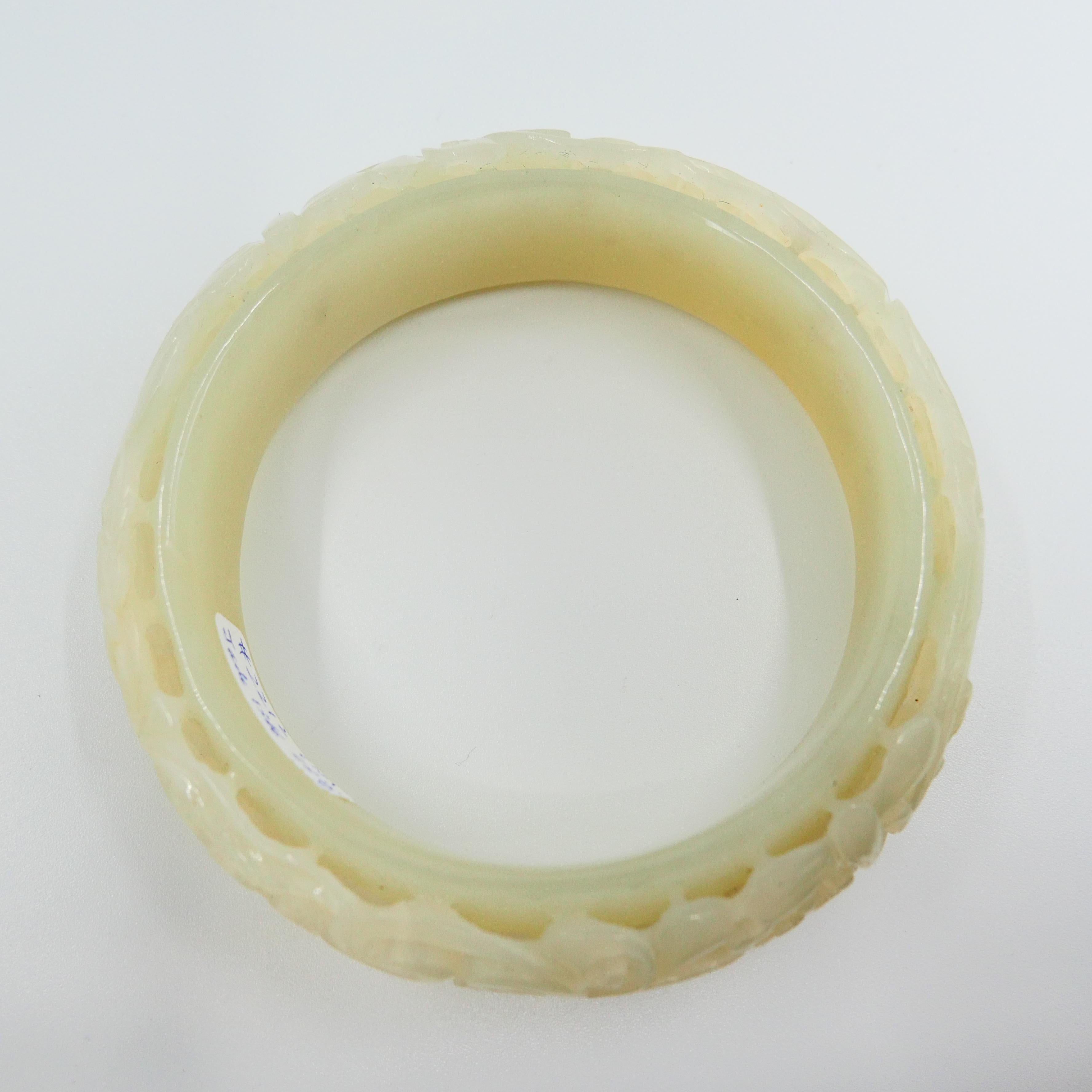 Contemporary Nephrite White Jade Bangle, Hollowed Carving, Flower and Phoenix Motif For Sale