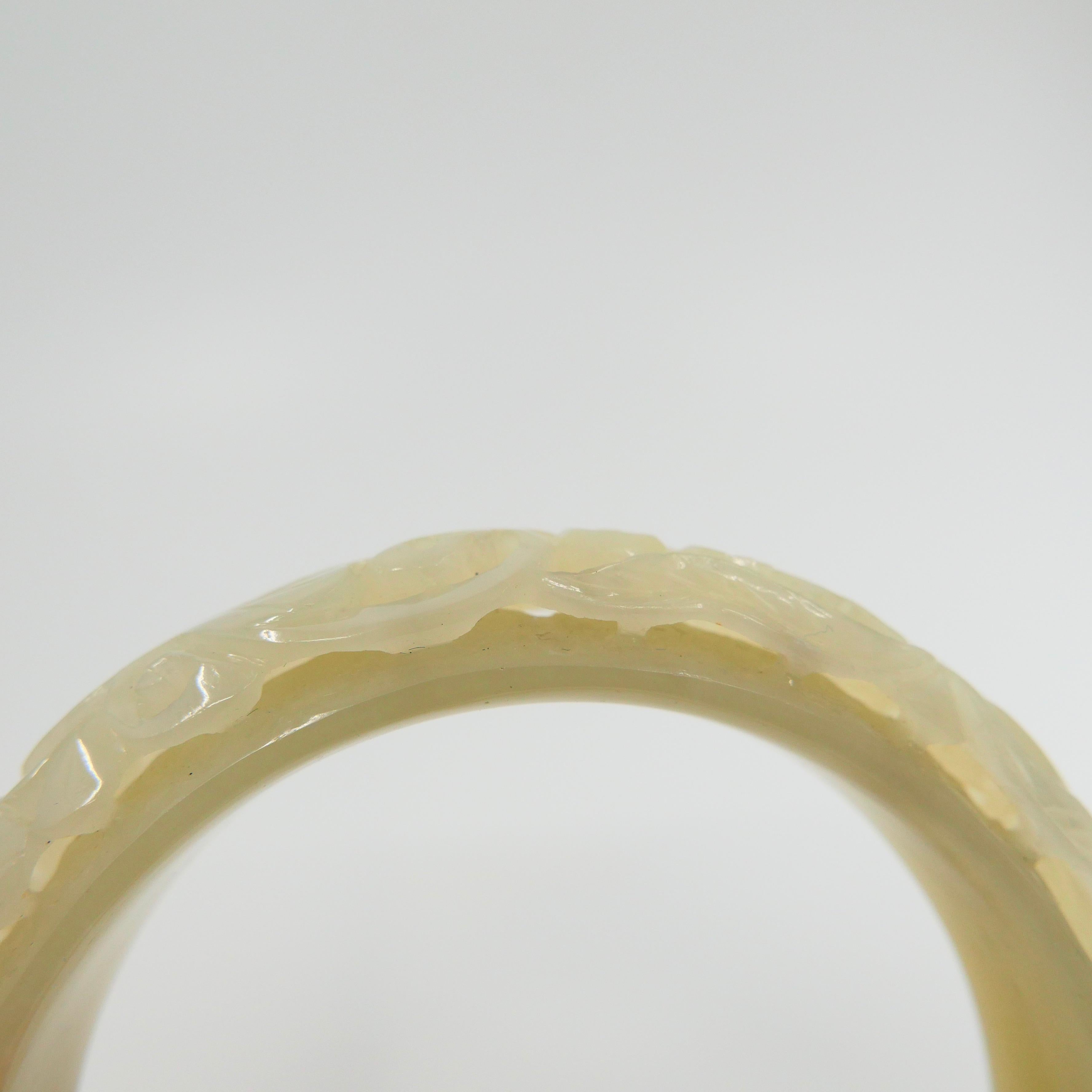 Rough Cut Nephrite White Jade Bangle, Hollowed Carving, Flower and Phoenix Motif For Sale