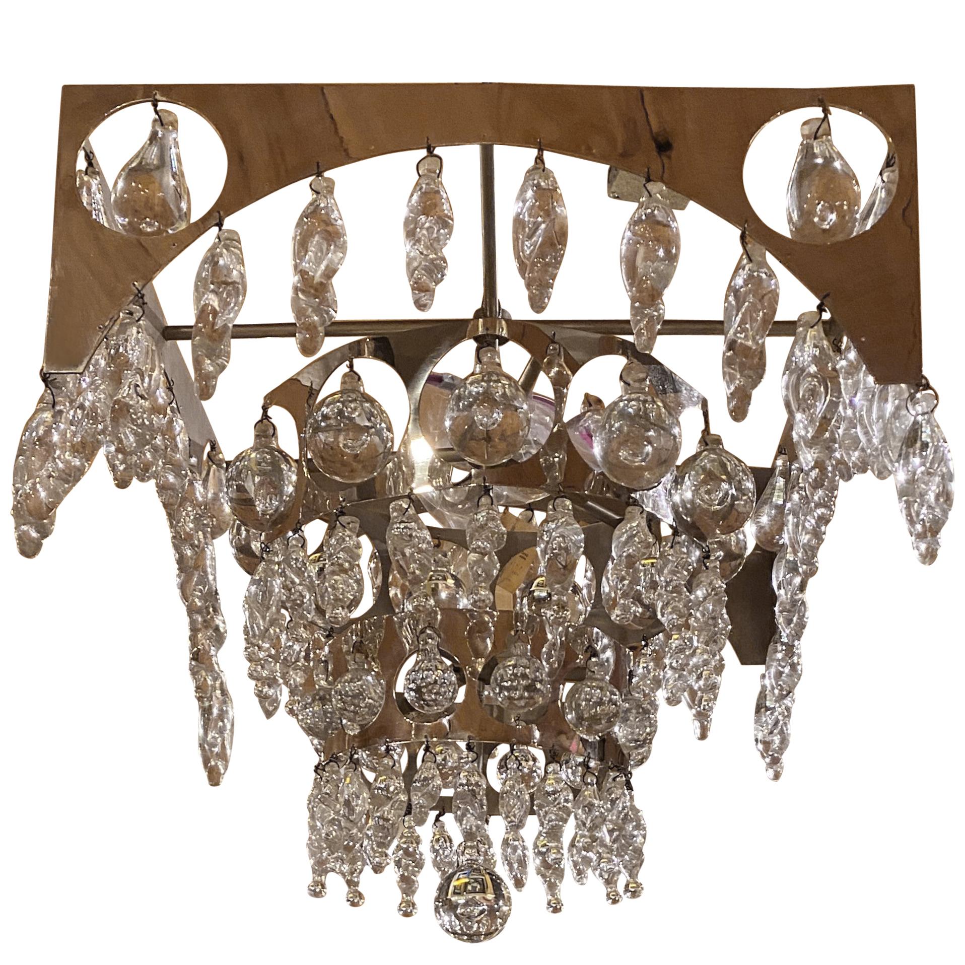 Nepir Portugal Art Deco Style Designer Chrome and Crystal Three-Tier Chandelier For Sale