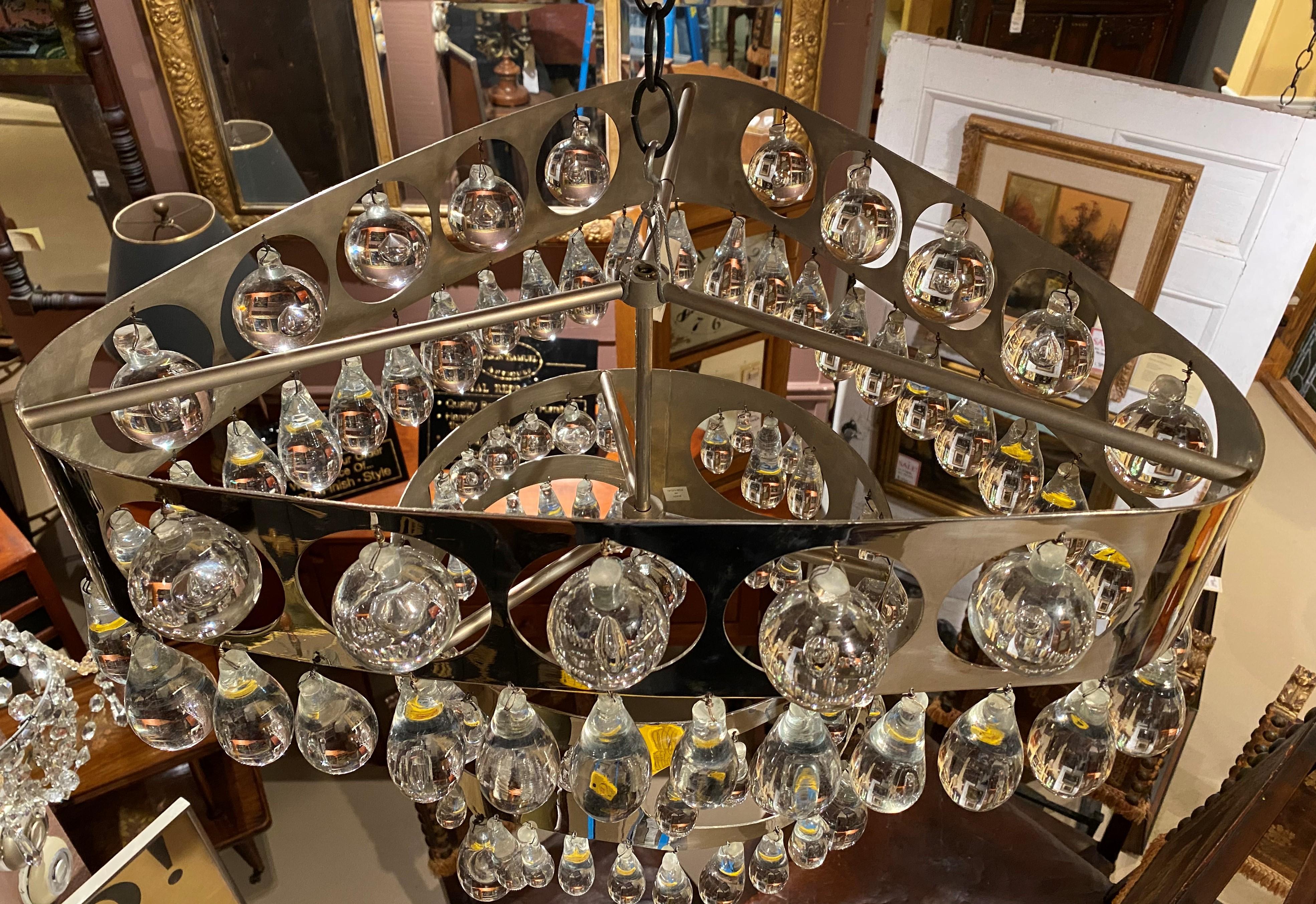 Nepir Portugal Art Deco Style Designer Chrome and Crystal Two-Tier Chandelier In Good Condition For Sale In Milford, NH