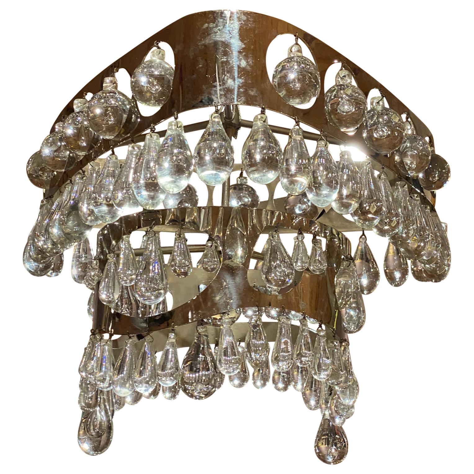 Nepir Portugal Art Deco Style Designer Chrome and Crystal Two-Tier Chandelier For Sale