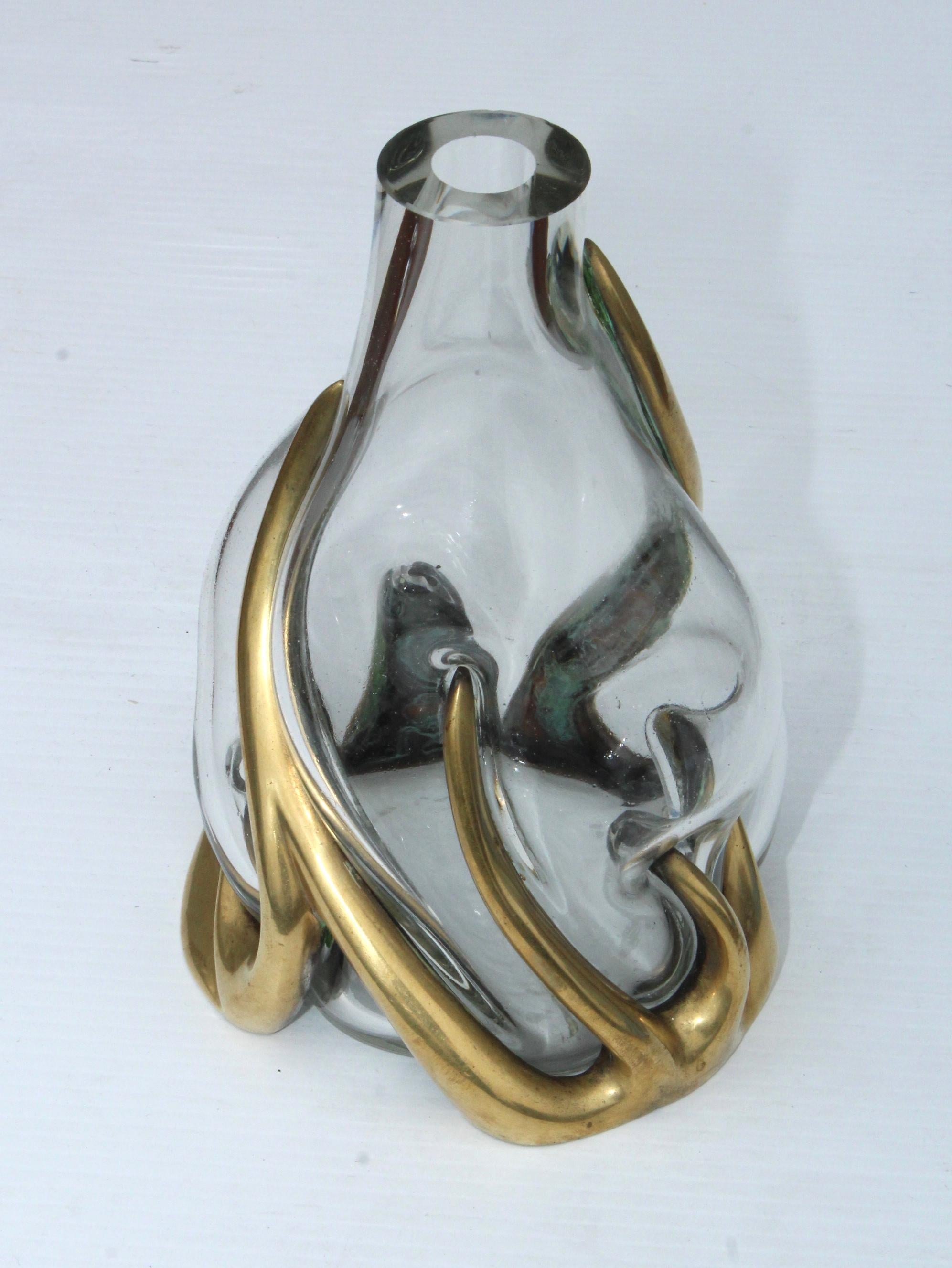 Stunning 1940s hand blown glass and bronze Art Deco vase by Nepir Portugal.