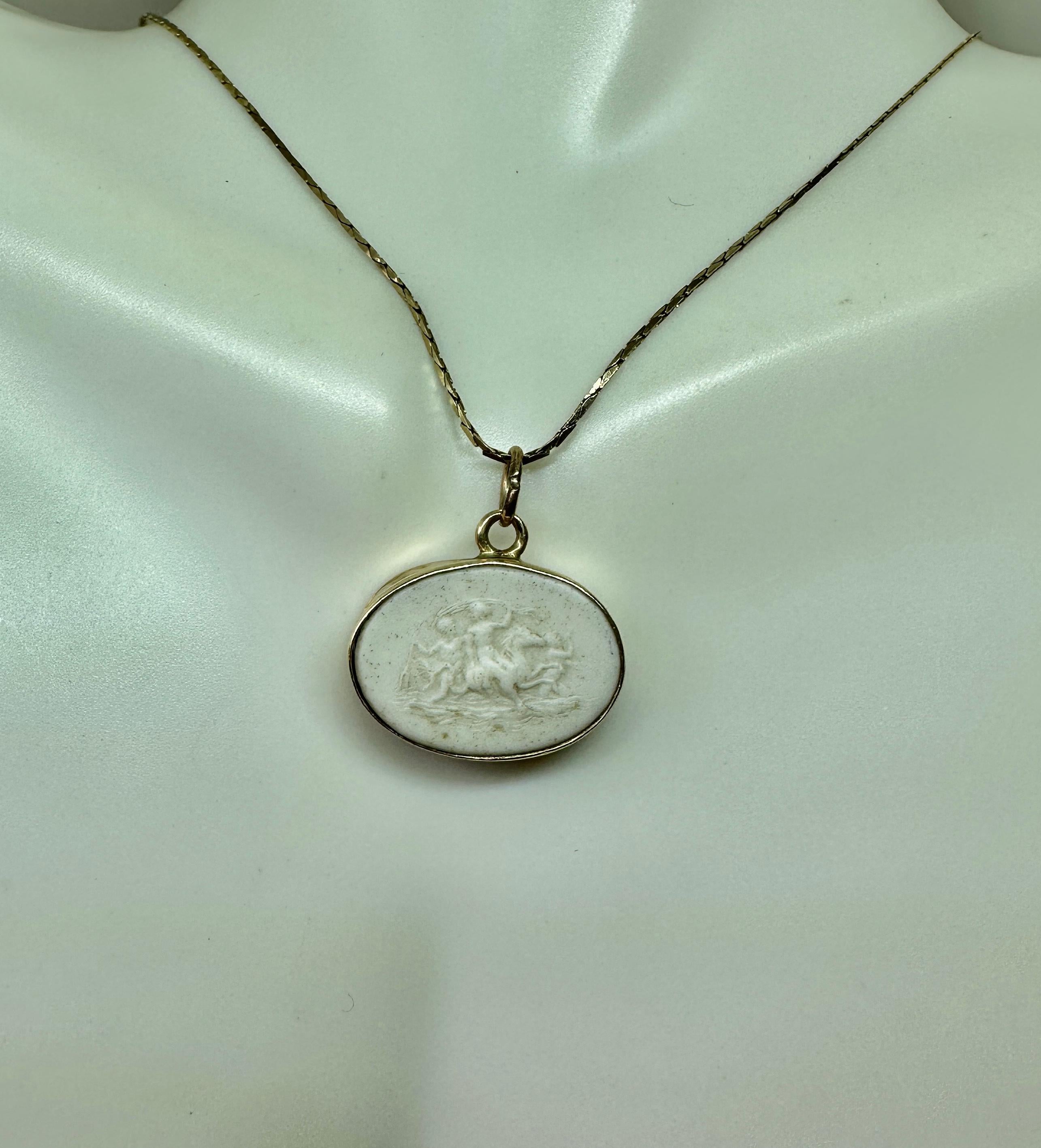 Victorian Neptune Arising from the Sea with Horses Cameo Pendant Necklace Gold VIctorian For Sale