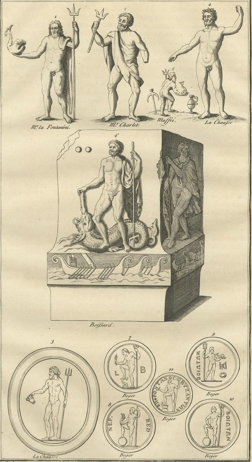Neptune / Poseidon Sculptures and Coins – Roman Antiquity Engraving, 1721