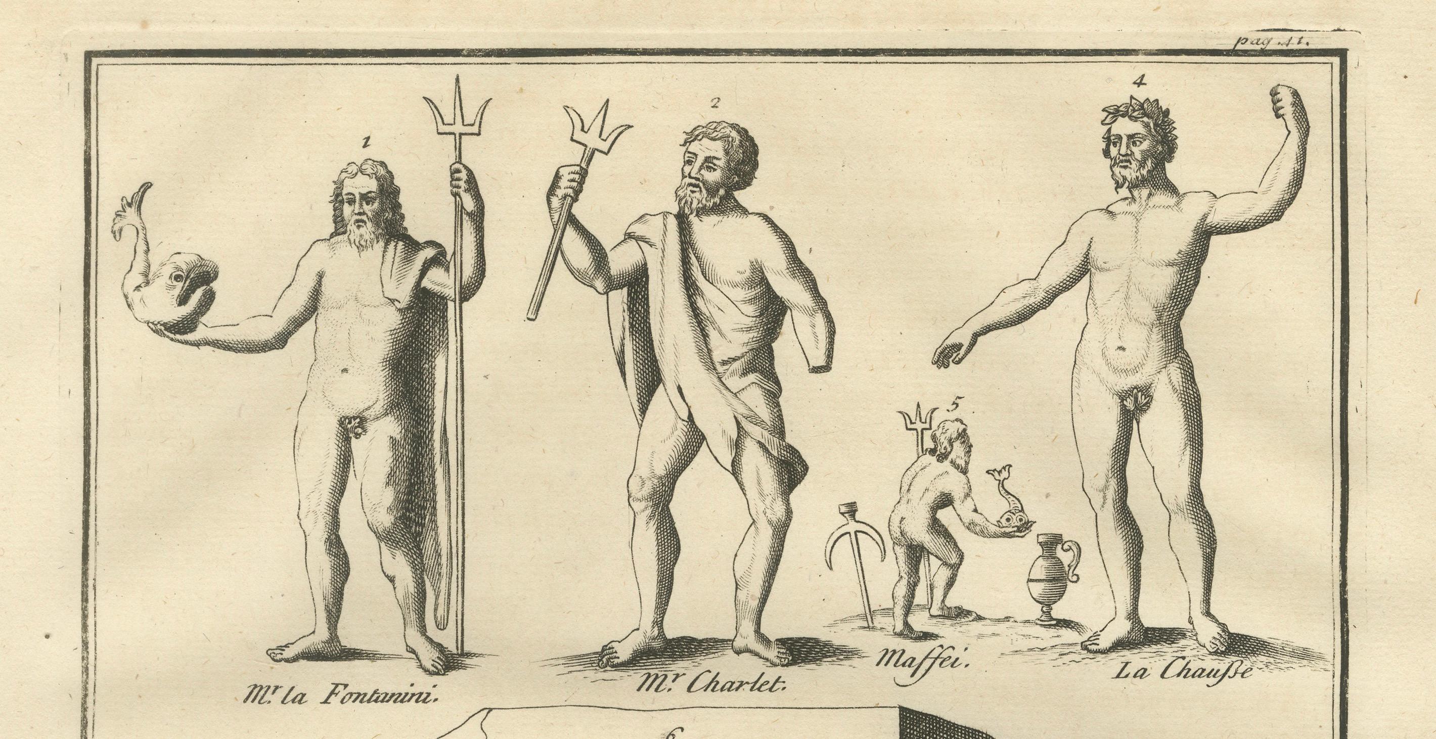 Neptune / Poseidon Sculptures and Coins – Roman Antiquity Engraving, 1721