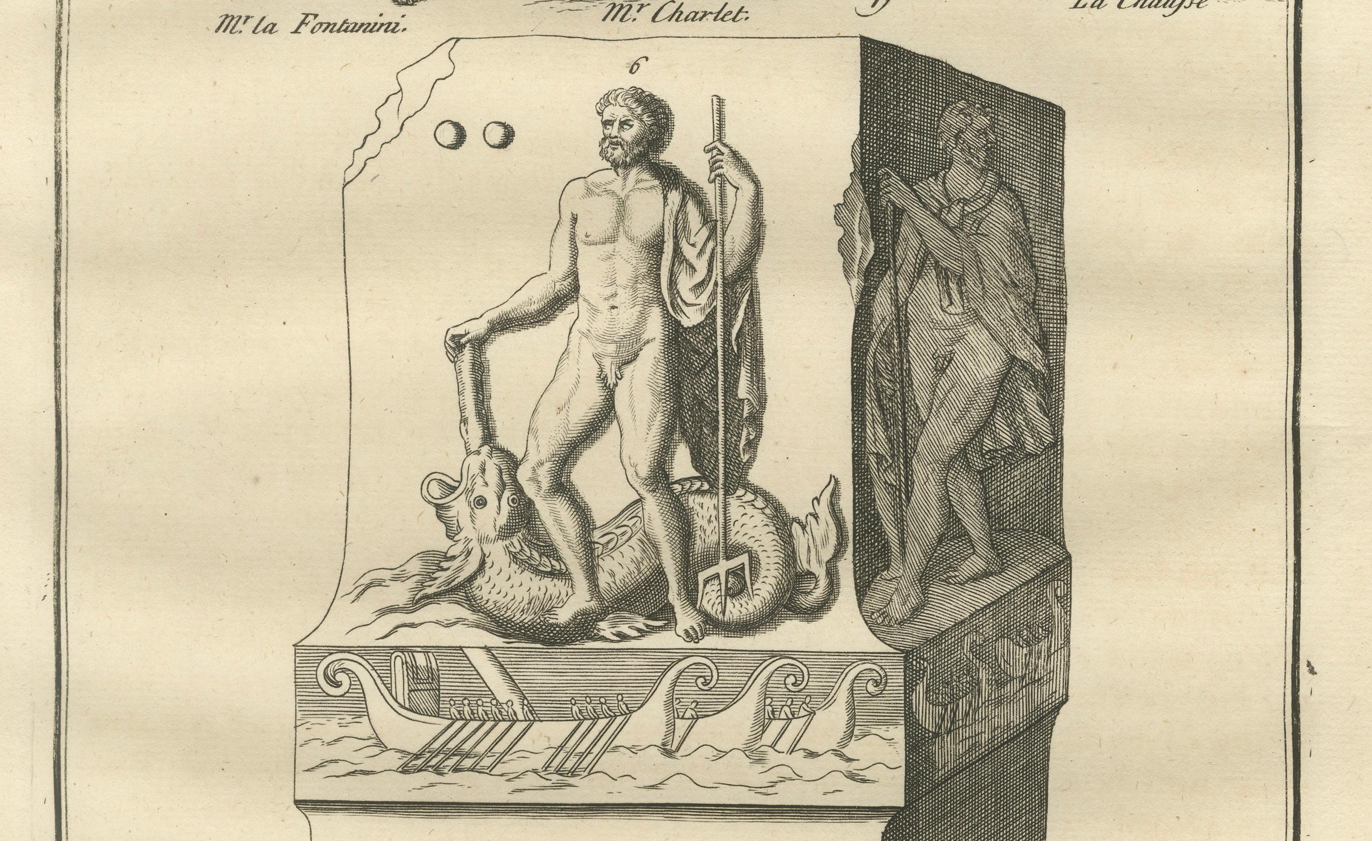 Neptune / Poseidon Sculptures and Coins – Roman Antiquity Engraving, 1721