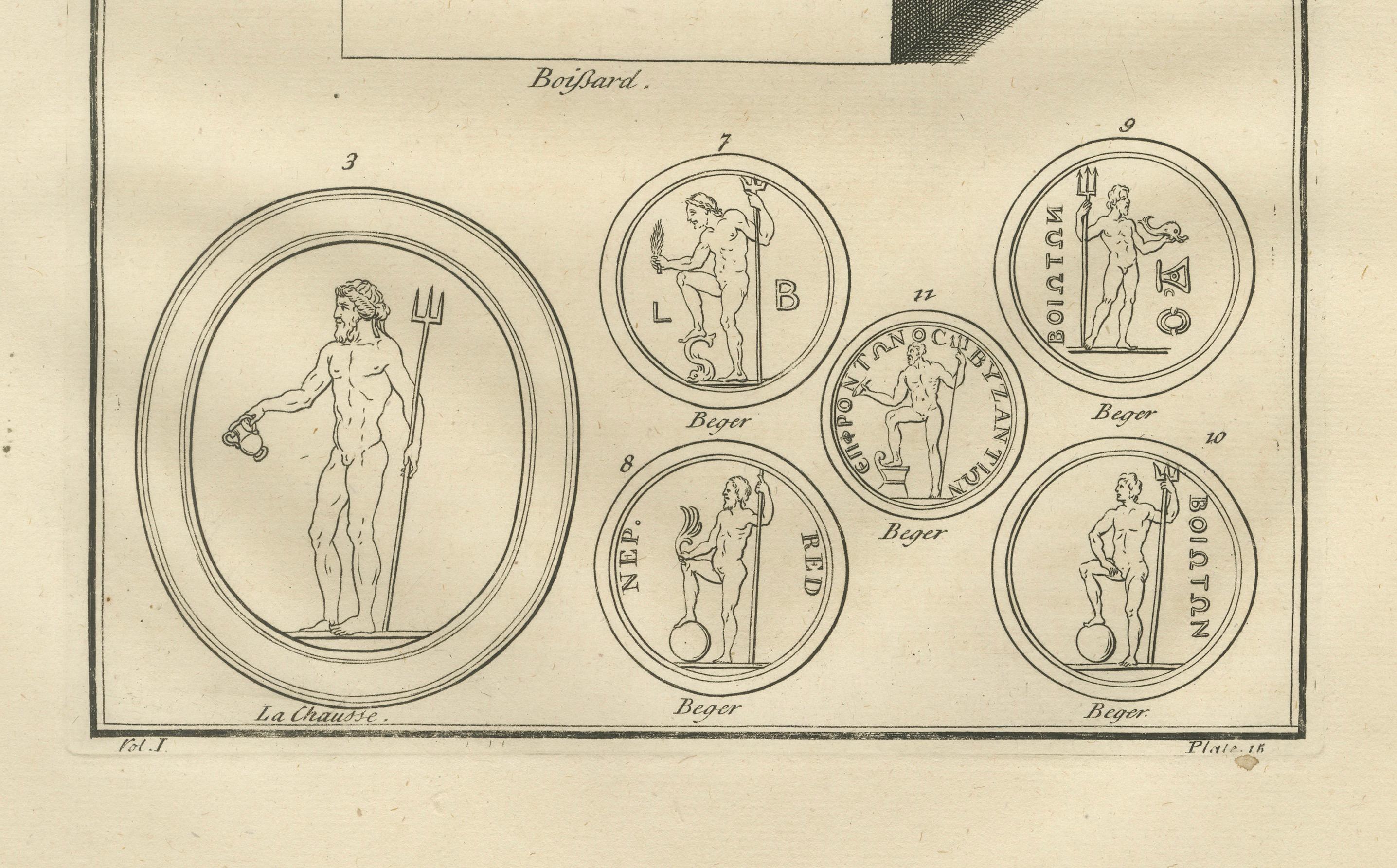 Neptune / Poseidon Sculptures and Coins – Roman Antiquity Engraving, 1721