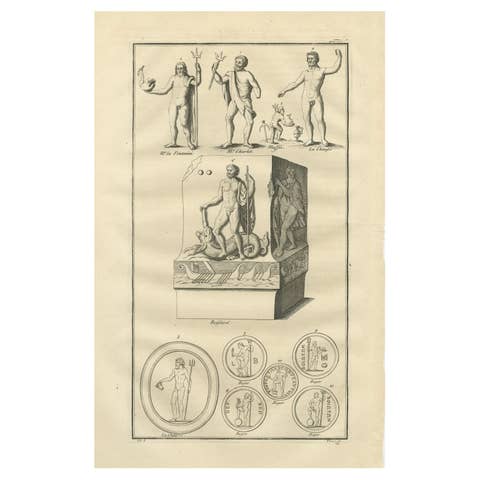 Neptune / Poseidon Sculptures and Coins – Roman Antiquity Engraving, 1721