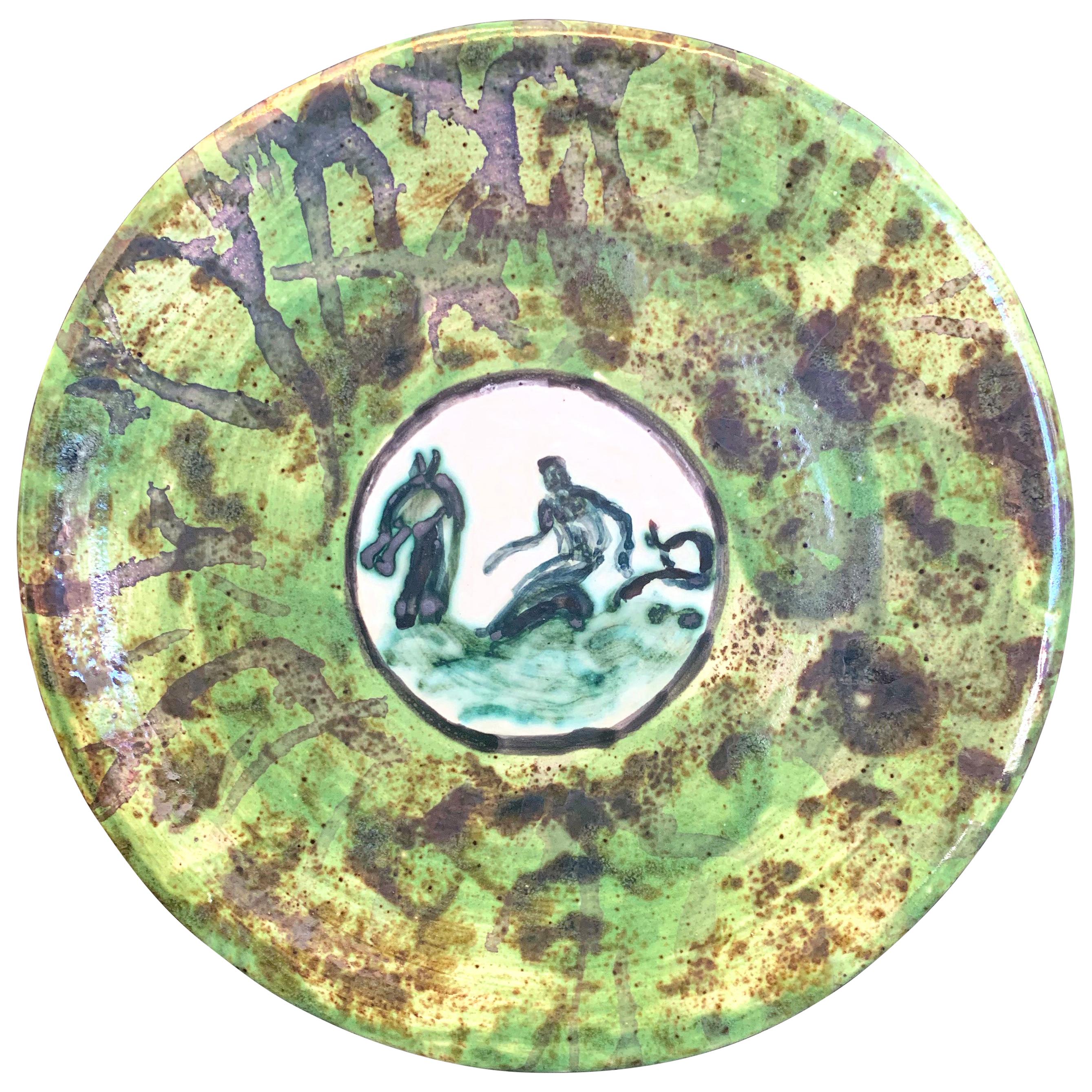 "Neptune Riding Sea Dragon, " Striking Art Deco Plate by Ceramics Master Mayodon