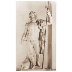 Neptune Sculpture Old Photography on Wood, circa 1950