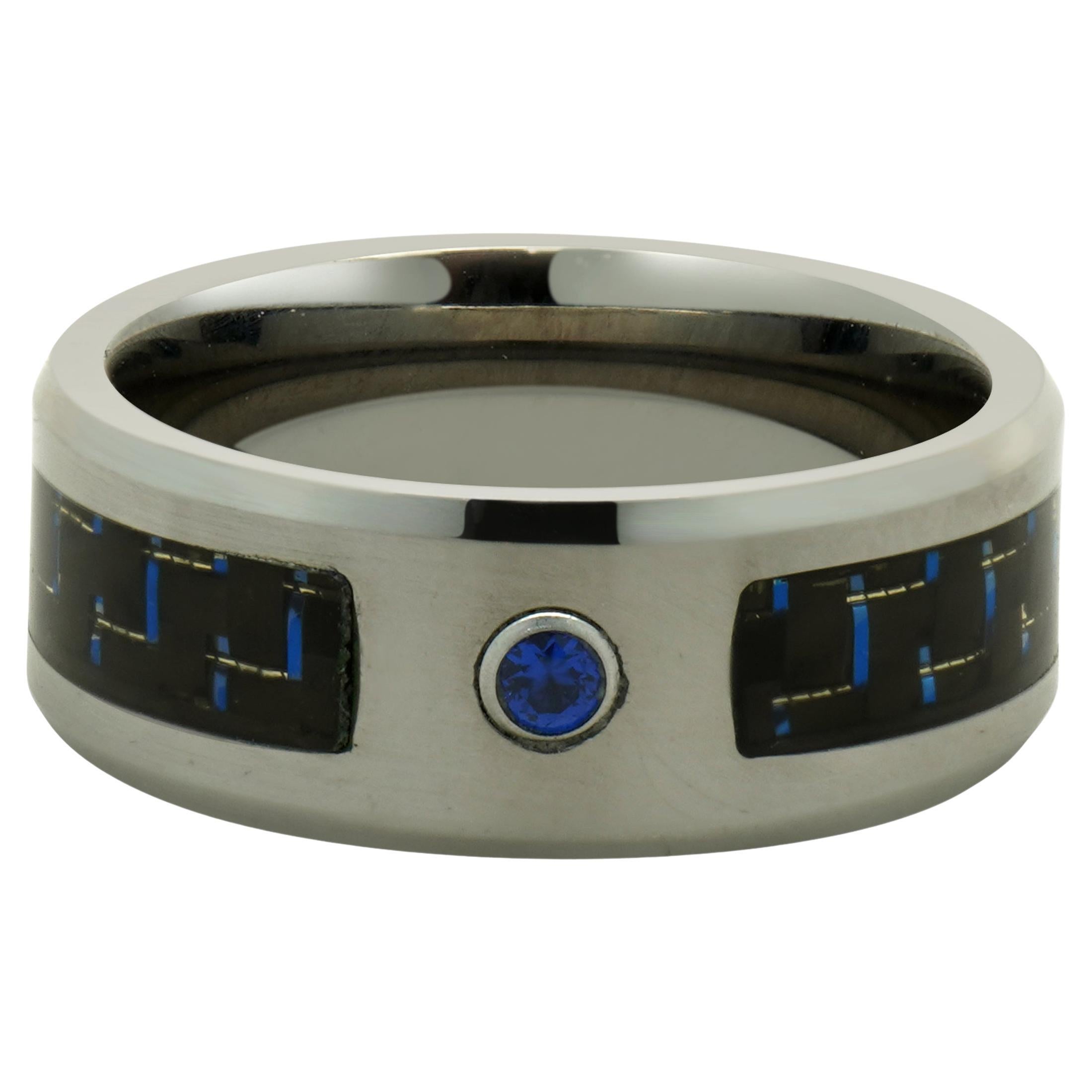 Neptune Tungsten Carbide Black and Blue Carbon Fiber 8MM Band For Sale