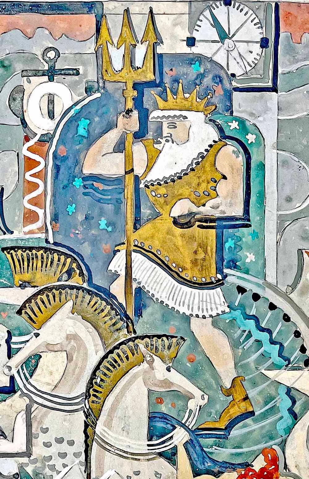 Très stylisée, cette peinture Art Deco de Bruno Seuchter présente une scène aquatique grouillante de vie, centrée autour de Neptune, son trident brandi. Autour de lui, une coterie de sirènes, d'hippocampes, de Tritons et, en arrière-plan, des