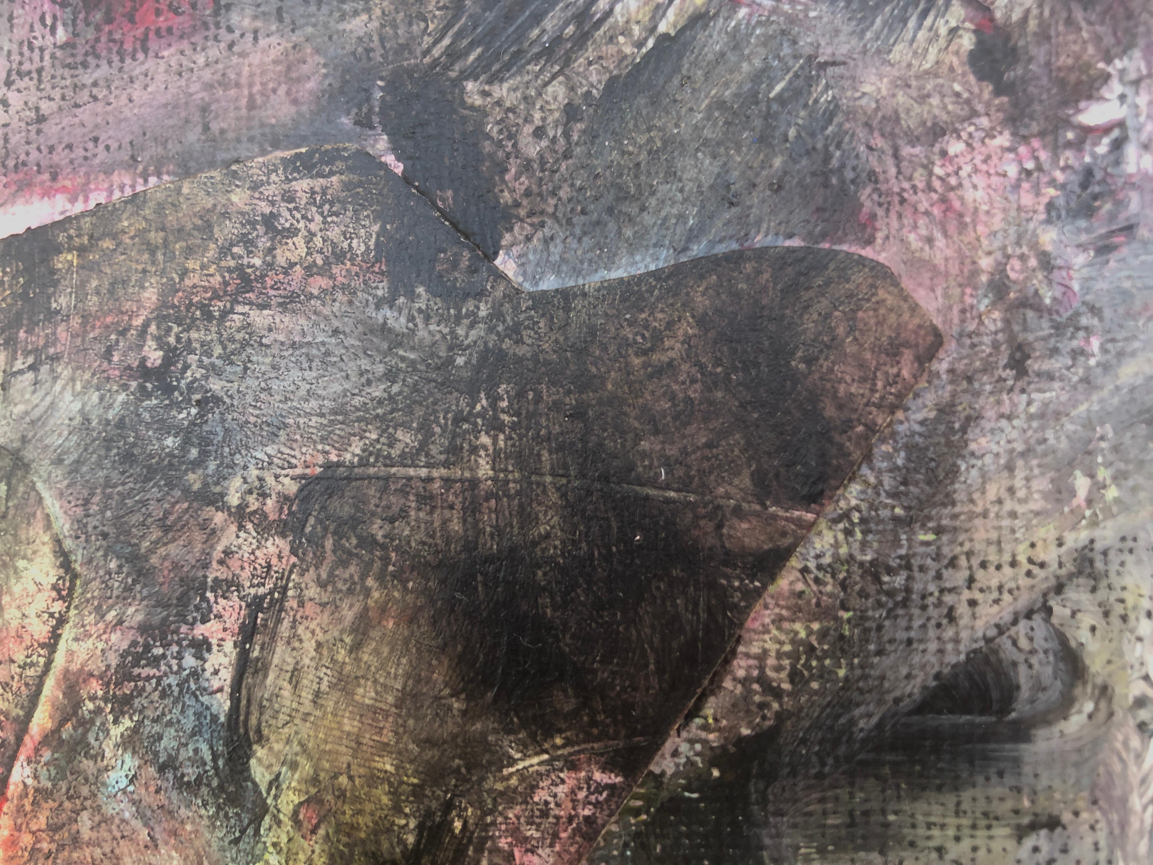 Peinture à l'huile et collage sur toile expressionniste abstraite « The all-seeing fetus » - Expressionnisme abstrait Painting par Nerea Caos