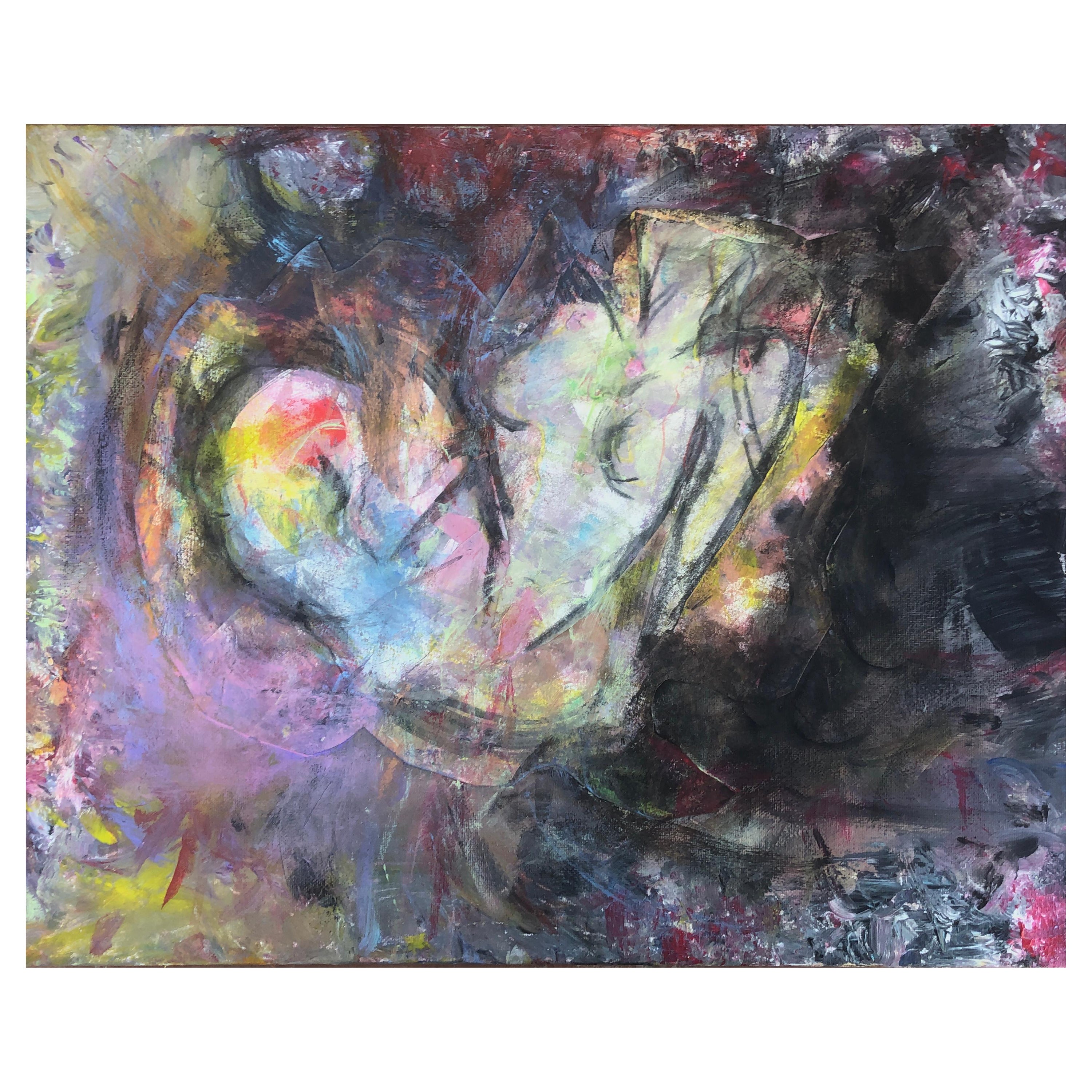 Peinture à l'huile et collage sur toile expressionniste abstraite « The all-seeing fetus »