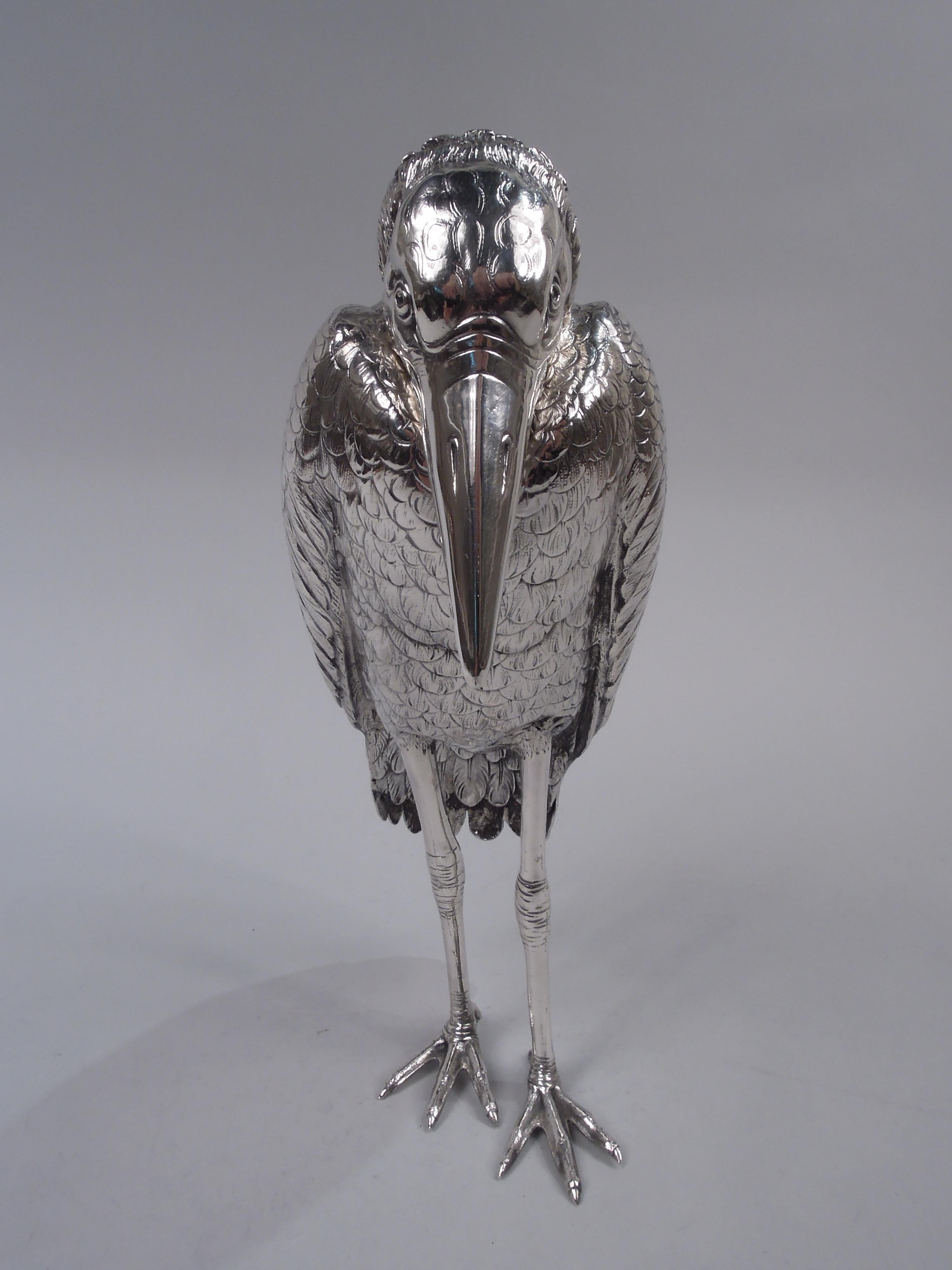 German 800 silver figural bird spice box, ca 1900. A raven with hunched shoulders, tucked-down wings, and spindly legs; detachable head downturned with pensive eyes and long pointed beak. A brooding desk ornament guaranteed to ensure stately