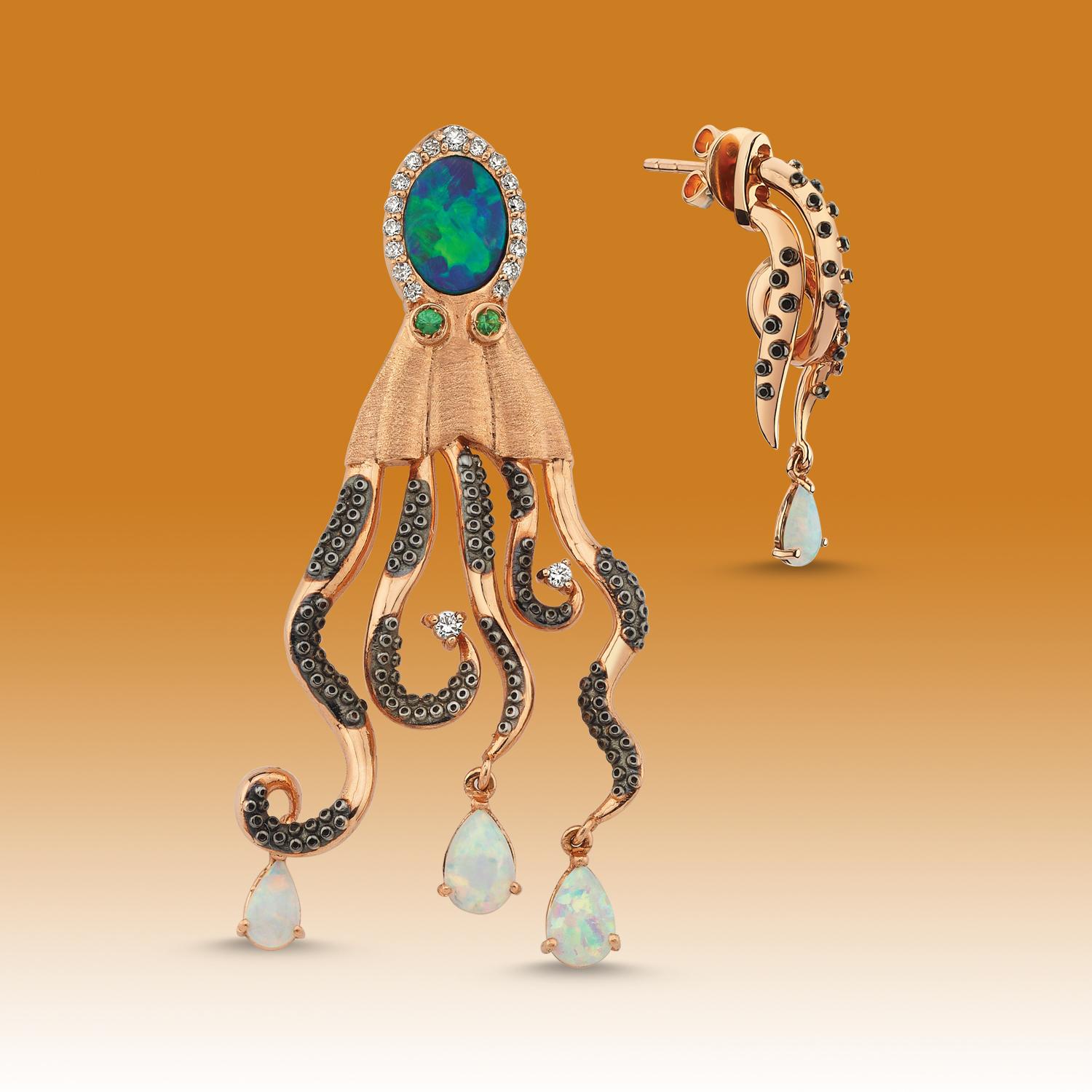 The Treasures of The Sea Collection is inspired by the water element which represents the treasures and natural stones hidden in the depths of the sea.

Nerice mini octopus 14k rose gold earring (single) with opal by Selda Jewellery

Additional