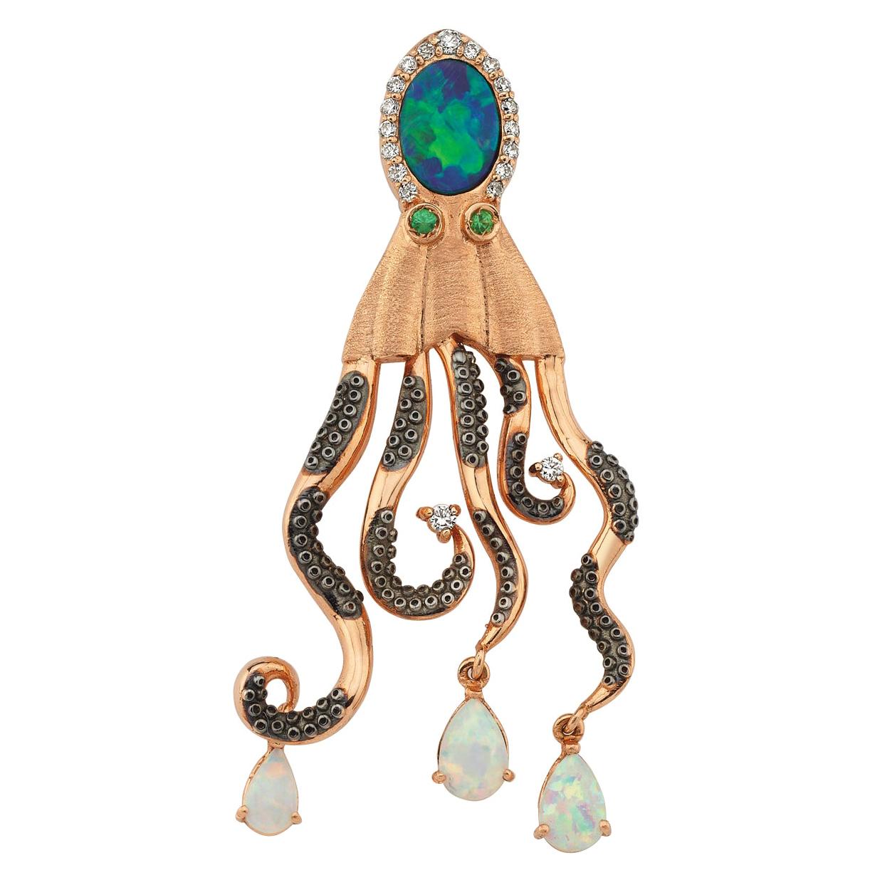 Nerice Octopus 14k Rose Gold Earring 'Single' with Savorite For Sale