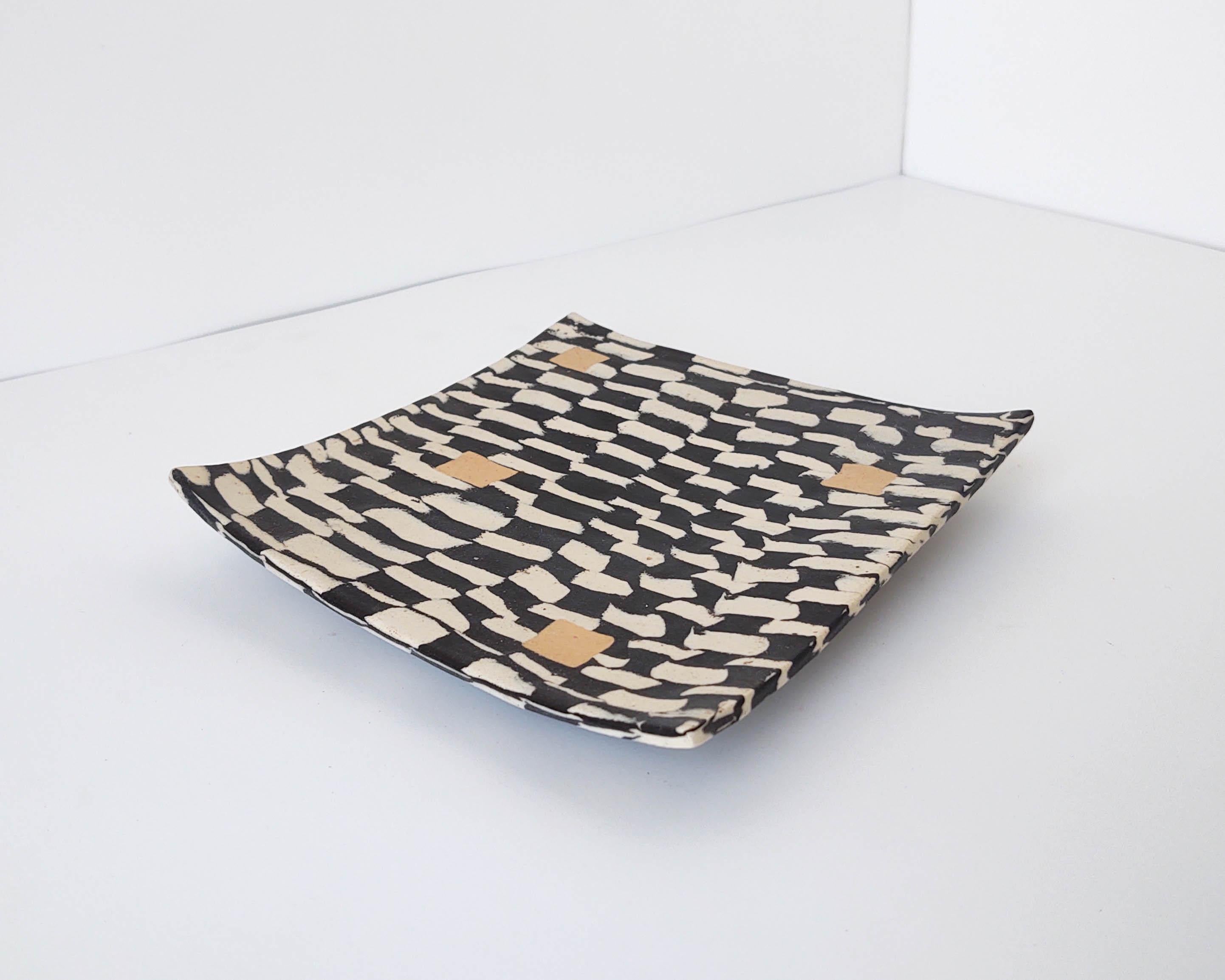 Contemporary Nerikomi Abstract Checkered Ceramic Plate with Peach Accent by Fizzy Ceramics